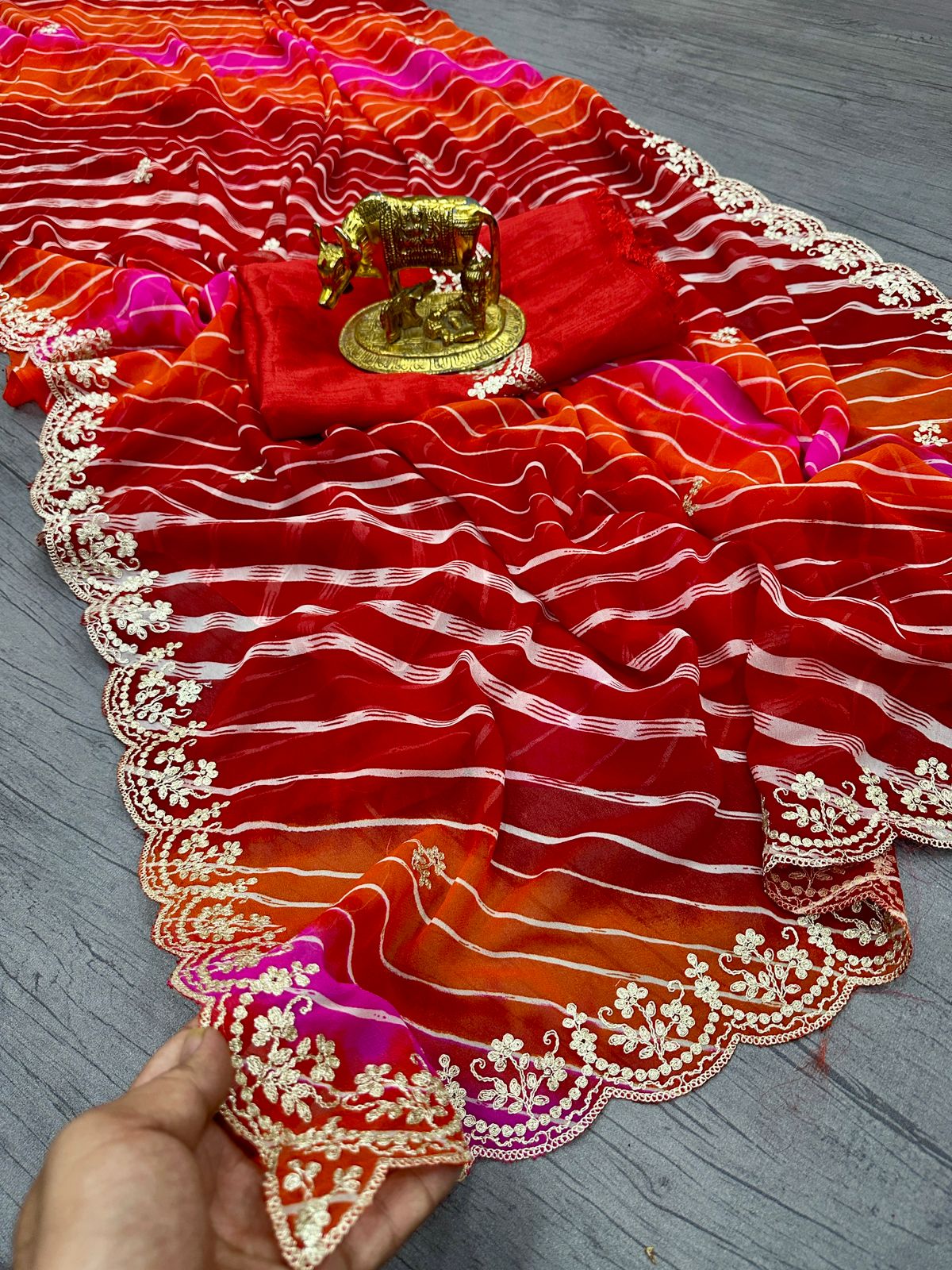PRD0043 Pure Georgette with Jodhpur lehariya Print Saree with Beautiful Pita Work in C~Pallu Butti Work Border in Saree