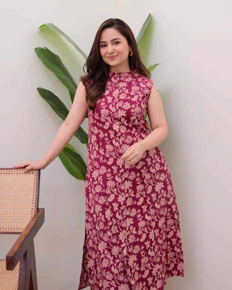 PRD0061 A sleeveless, knee-length kurti featuring a band collar and a full button-down placket