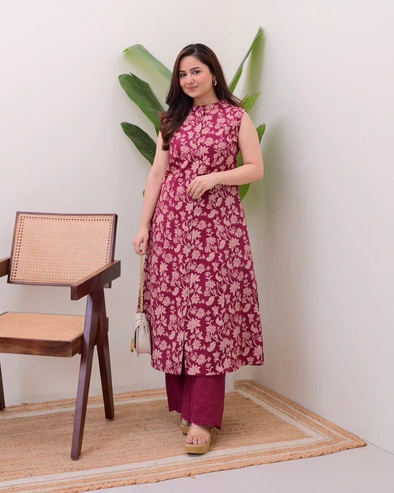 PRD0061 A sleeveless, knee-length kurti featuring a band collar and a full button-down placket