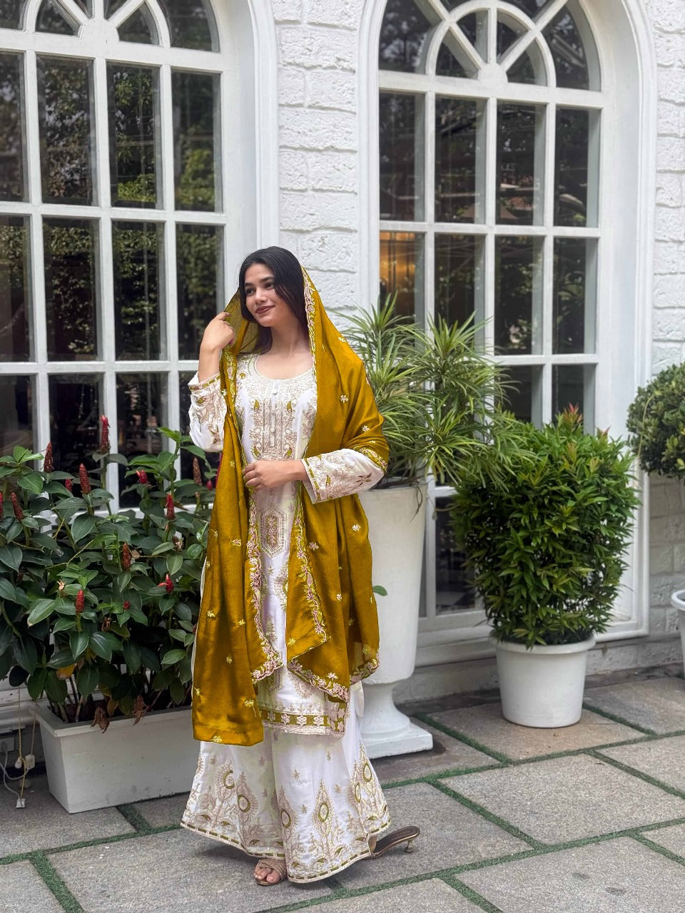 PRD0047 SPECIAL SEQUINS EMBROIDERY ON SILK FABRIC TOP AND PALAZZO WITH DUPATTA