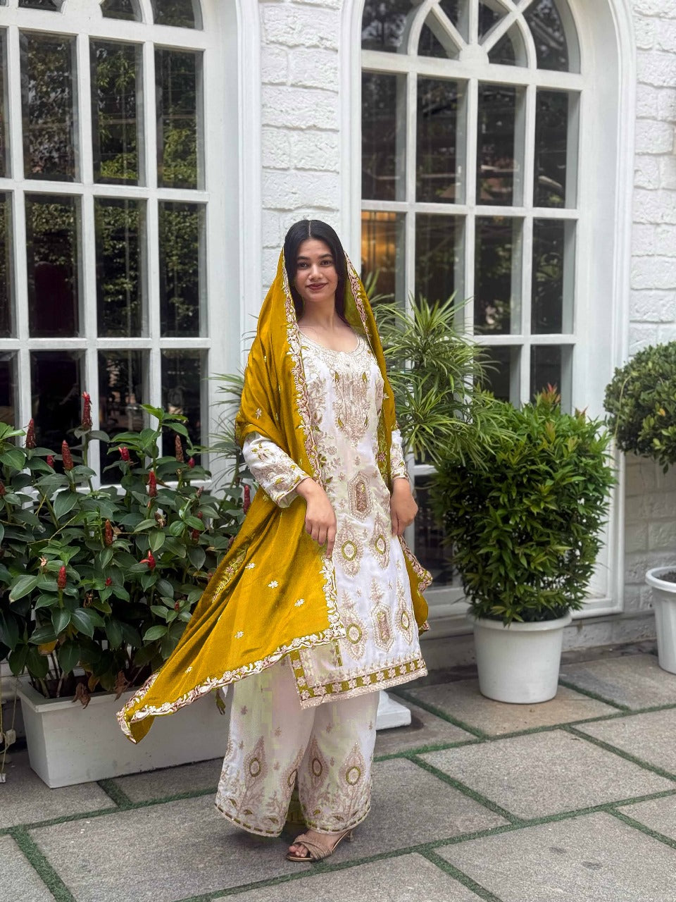 PRD0047 SPECIAL SEQUINS EMBROIDERY ON SILK FABRIC TOP AND PALAZZO WITH DUPATTA