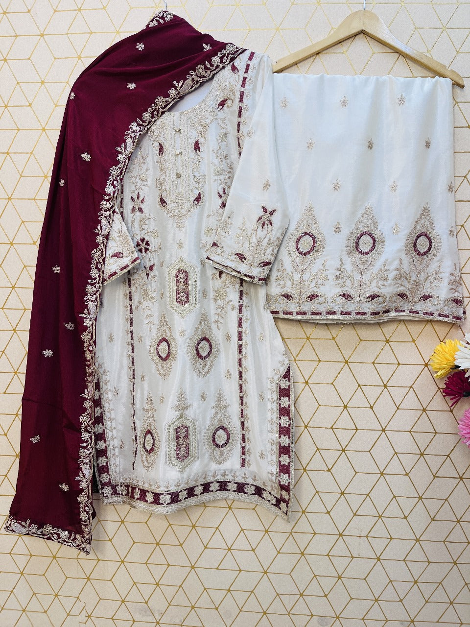 PRD0047 SPECIAL SEQUINS EMBROIDERY ON SILK FABRIC TOP AND PALAZZO WITH DUPATTA