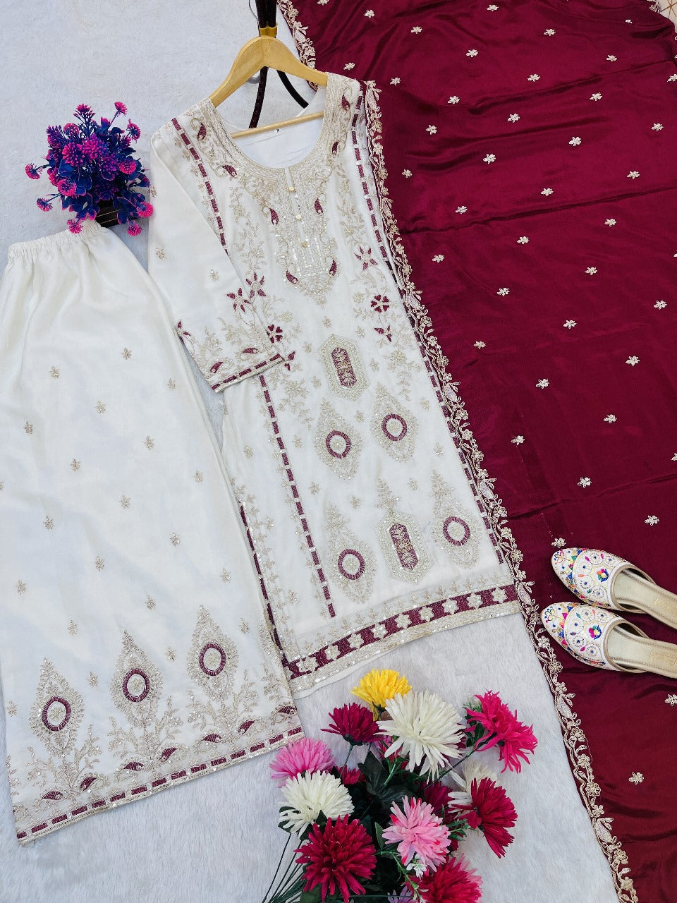 PRD0047 SPECIAL SEQUINS EMBROIDERY ON SILK FABRIC TOP AND PALAZZO WITH DUPATTA