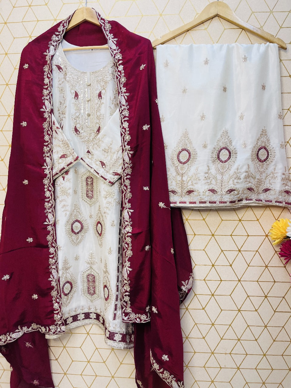 PRD0047 SPECIAL SEQUINS EMBROIDERY ON SILK FABRIC TOP AND PALAZZO WITH DUPATTA