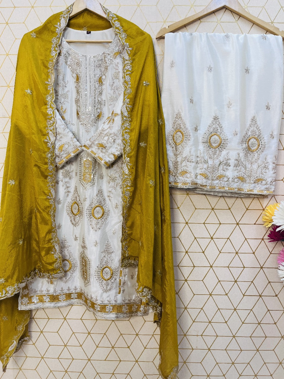 PRD0047 SPECIAL SEQUINS EMBROIDERY ON SILK FABRIC TOP AND PALAZZO WITH DUPATTA