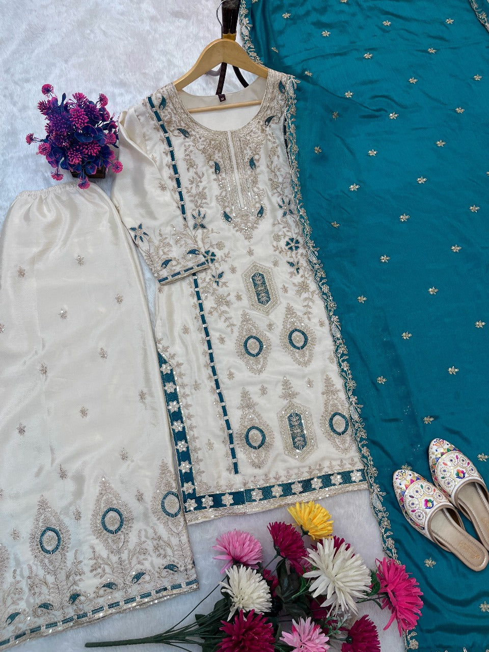 PRD0047 SPECIAL SEQUINS EMBROIDERY ON SILK FABRIC TOP AND PALAZZO WITH DUPATTA