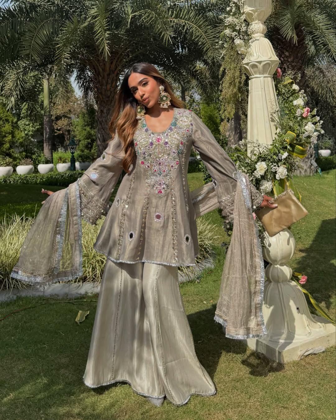 PRD0078 DESIGNER HEAVY NATURAL CREAP EMBROIDERED SEQUENCE WORK WITH FANCY TOP SHARARA DUPATTA SET