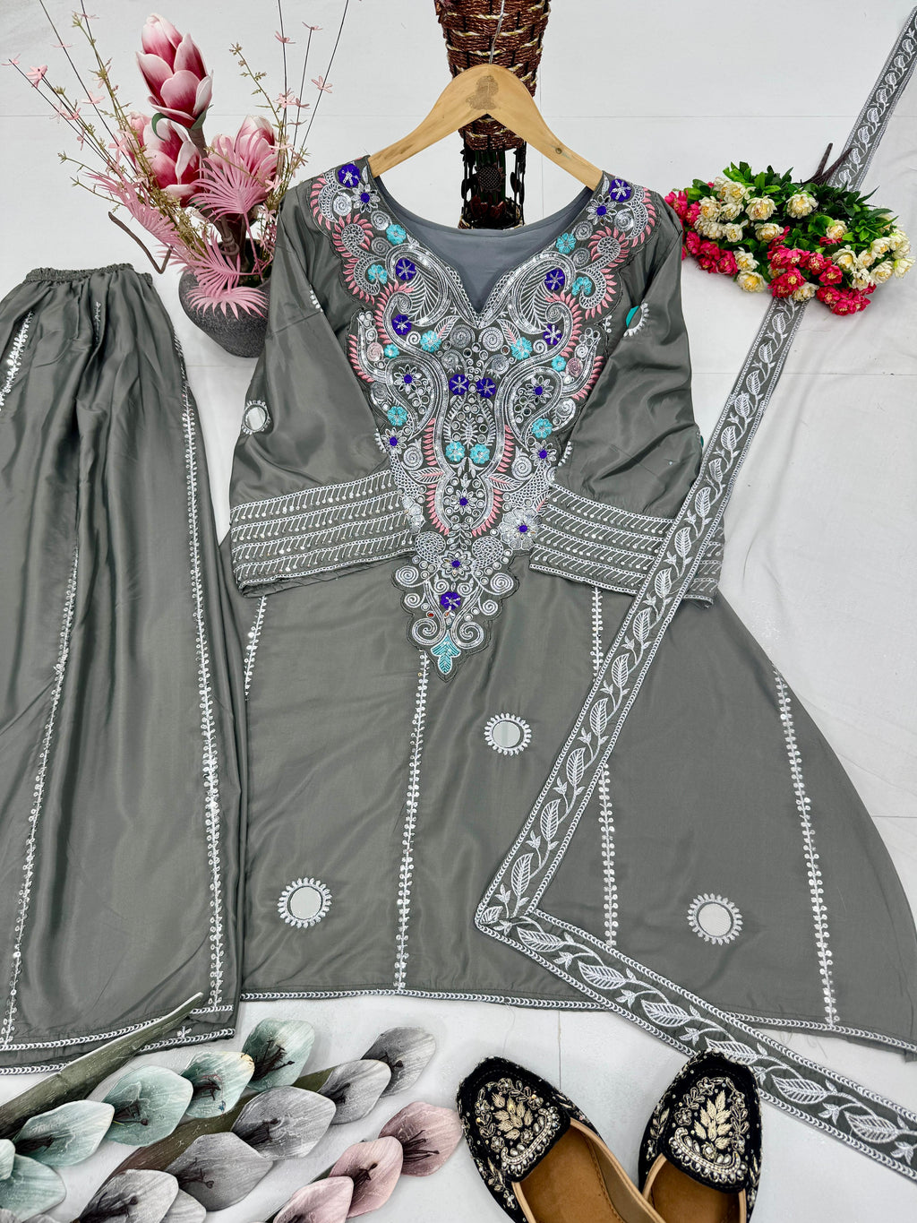 PRD0078 DESIGNER HEAVY NATURAL CREAP EMBROIDERED SEQUENCE WORK WITH FANCY TOP SHARARA DUPATTA SET