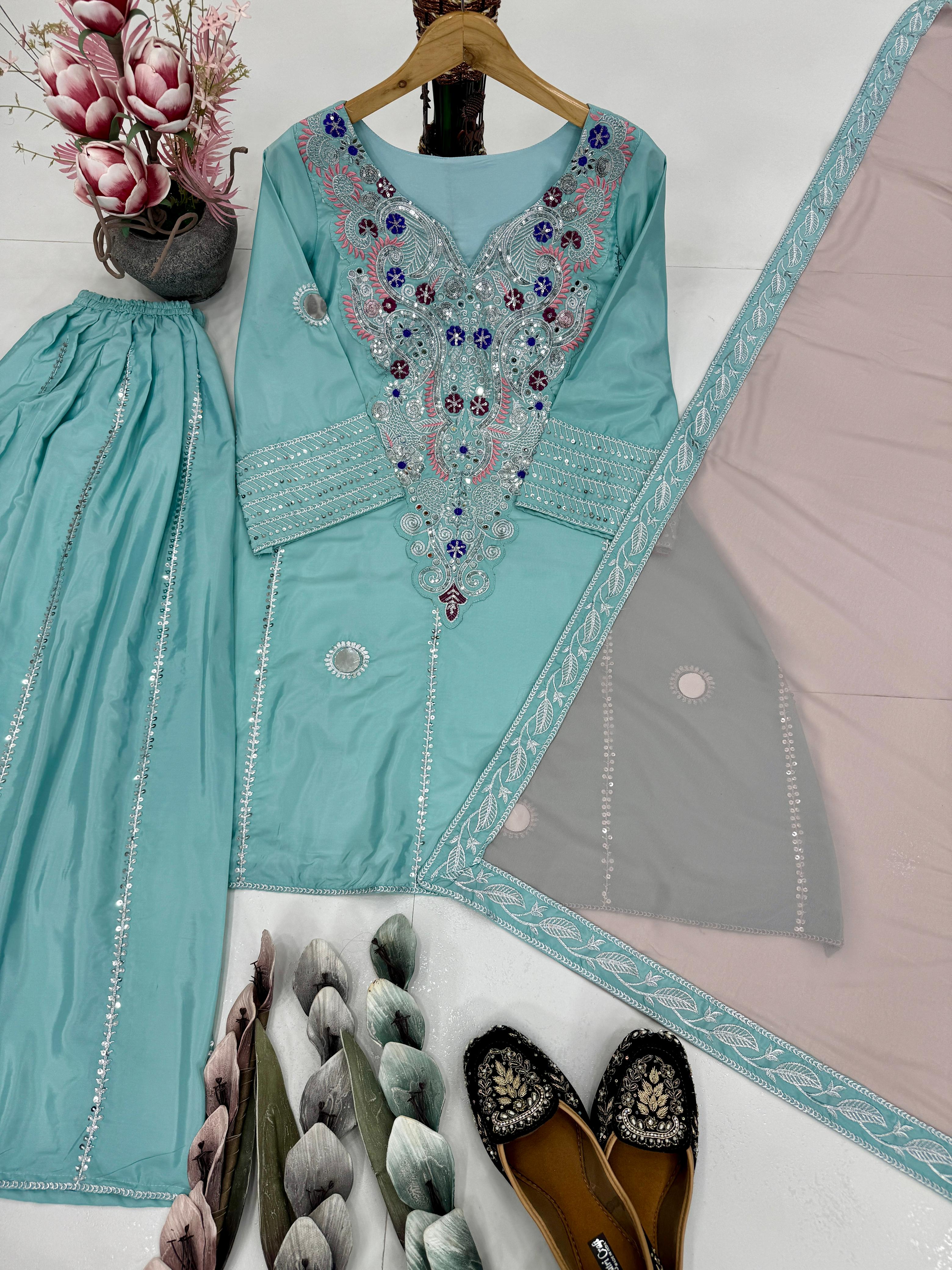 PRD0078 DESIGNER HEAVY NATURAL CREAP EMBROIDERED SEQUENCE WORK WITH FANCY TOP SHARARA DUPATTA SET