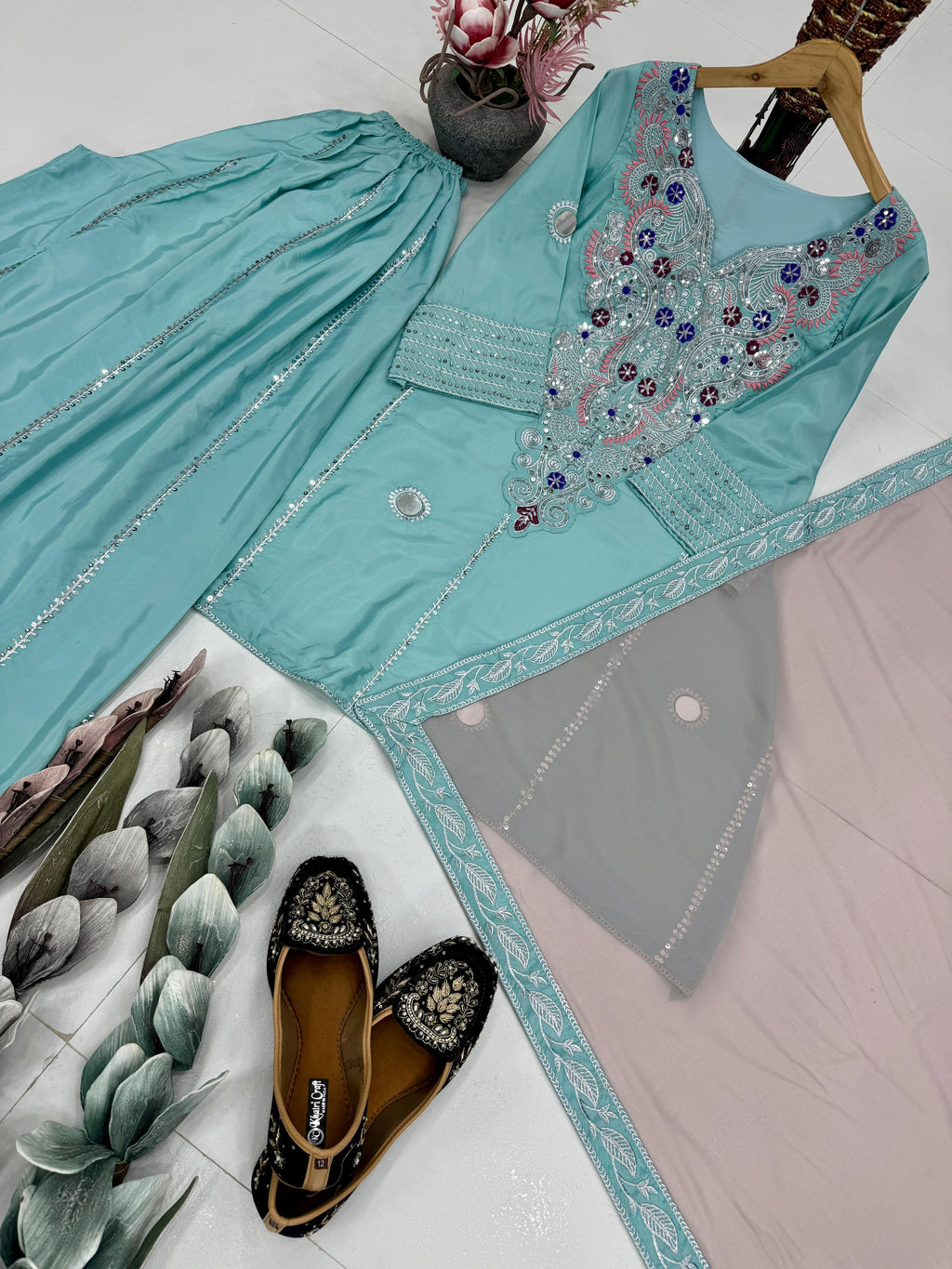 PRD0078 DESIGNER HEAVY NATURAL CREAP EMBROIDERED SEQUENCE WORK WITH FANCY TOP SHARARA DUPATTA SET