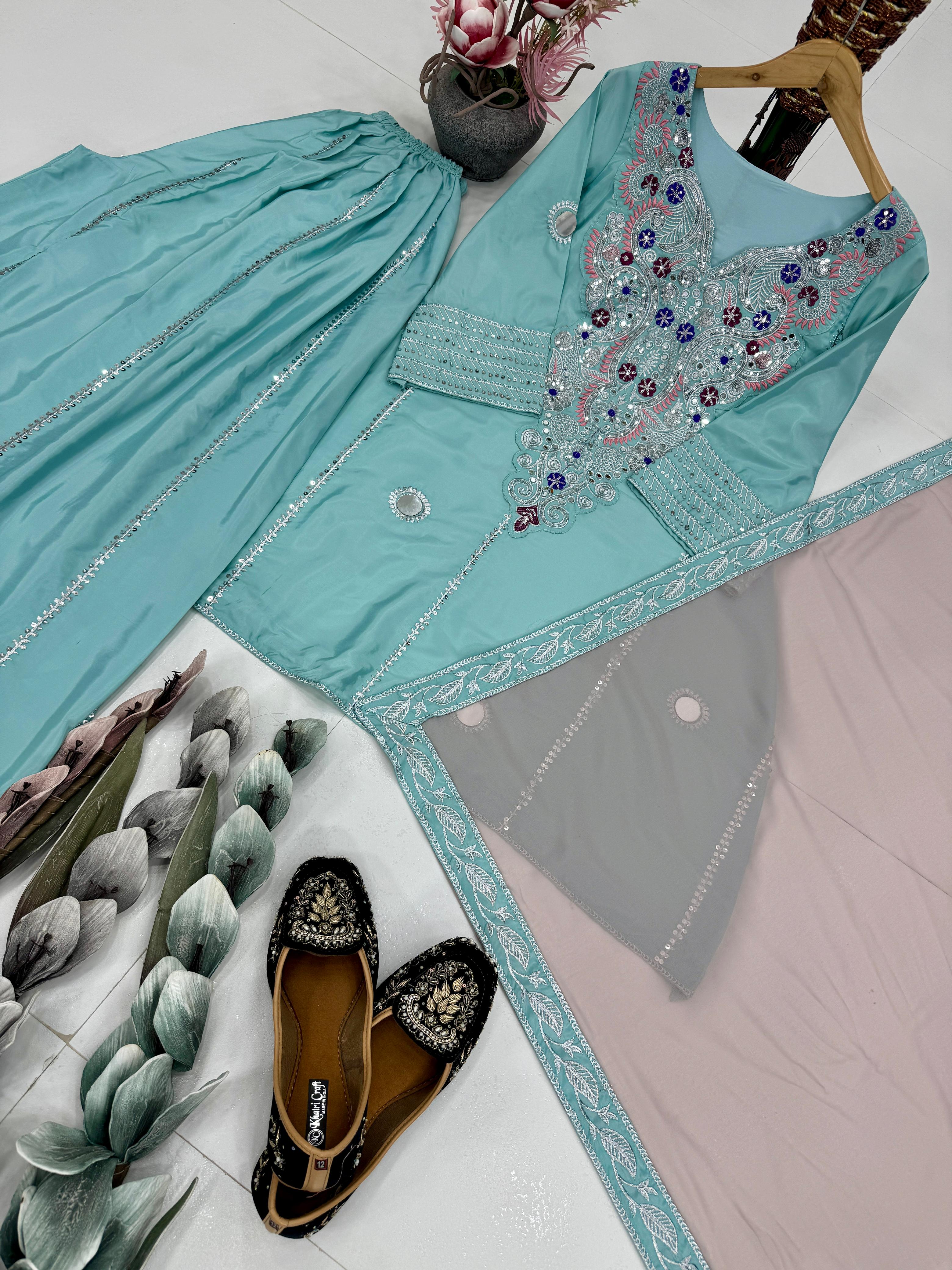 PRD0078 DESIGNER HEAVY NATURAL CREAP EMBROIDERED SEQUENCE WORK WITH FANCY TOP SHARARA DUPATTA SET