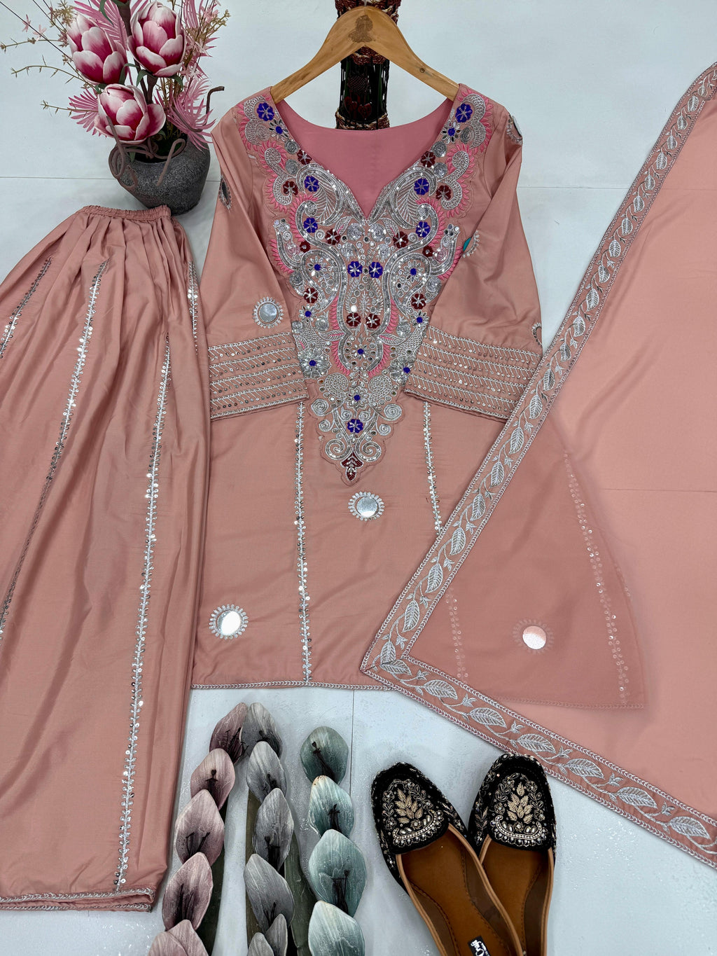 PRD0078 DESIGNER HEAVY NATURAL CREAP EMBROIDERED SEQUENCE WORK WITH FANCY TOP SHARARA DUPATTA SET