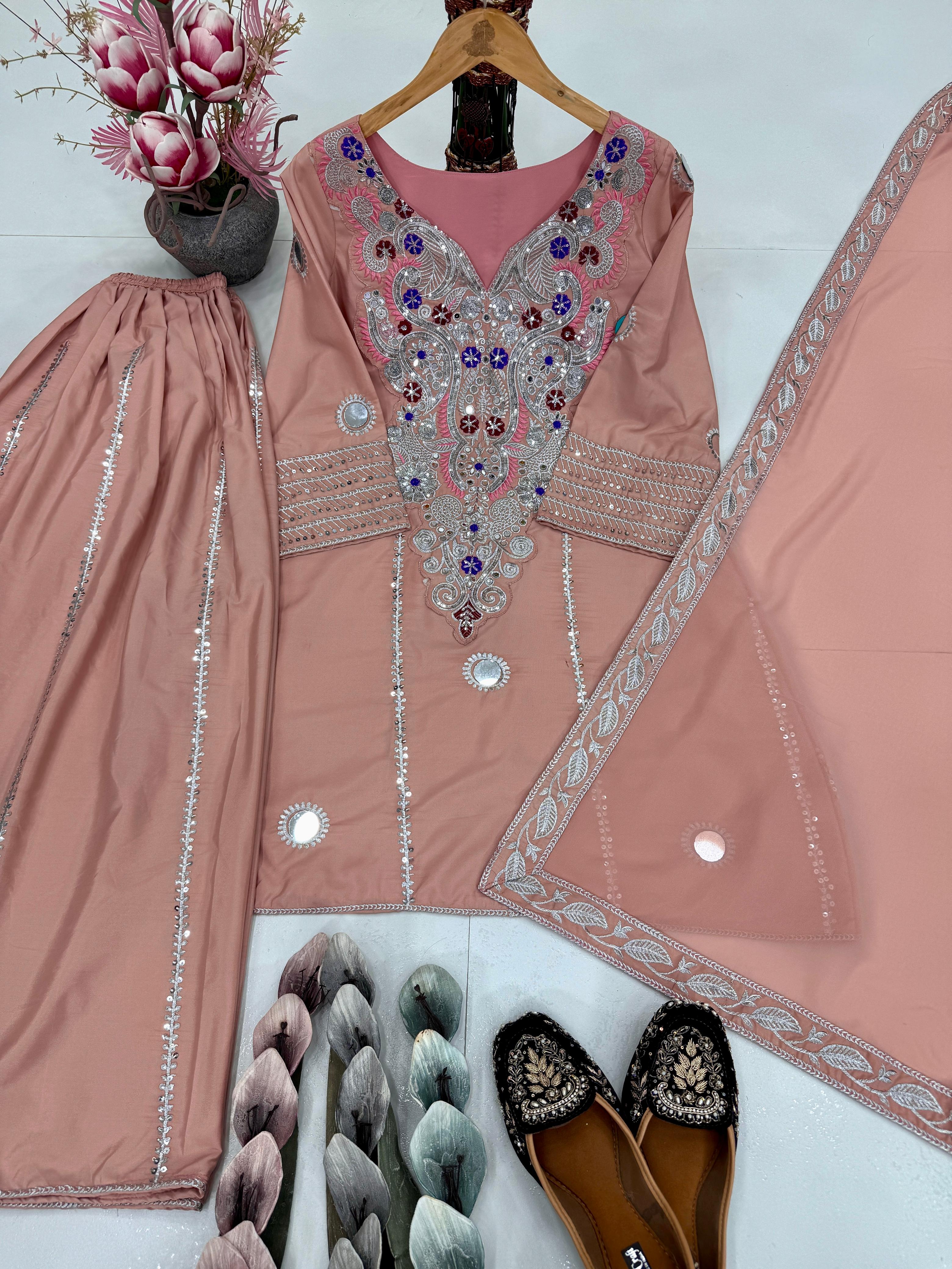PRD0078 DESIGNER HEAVY NATURAL CREAP EMBROIDERED SEQUENCE WORK WITH FANCY TOP SHARARA DUPATTA SET
