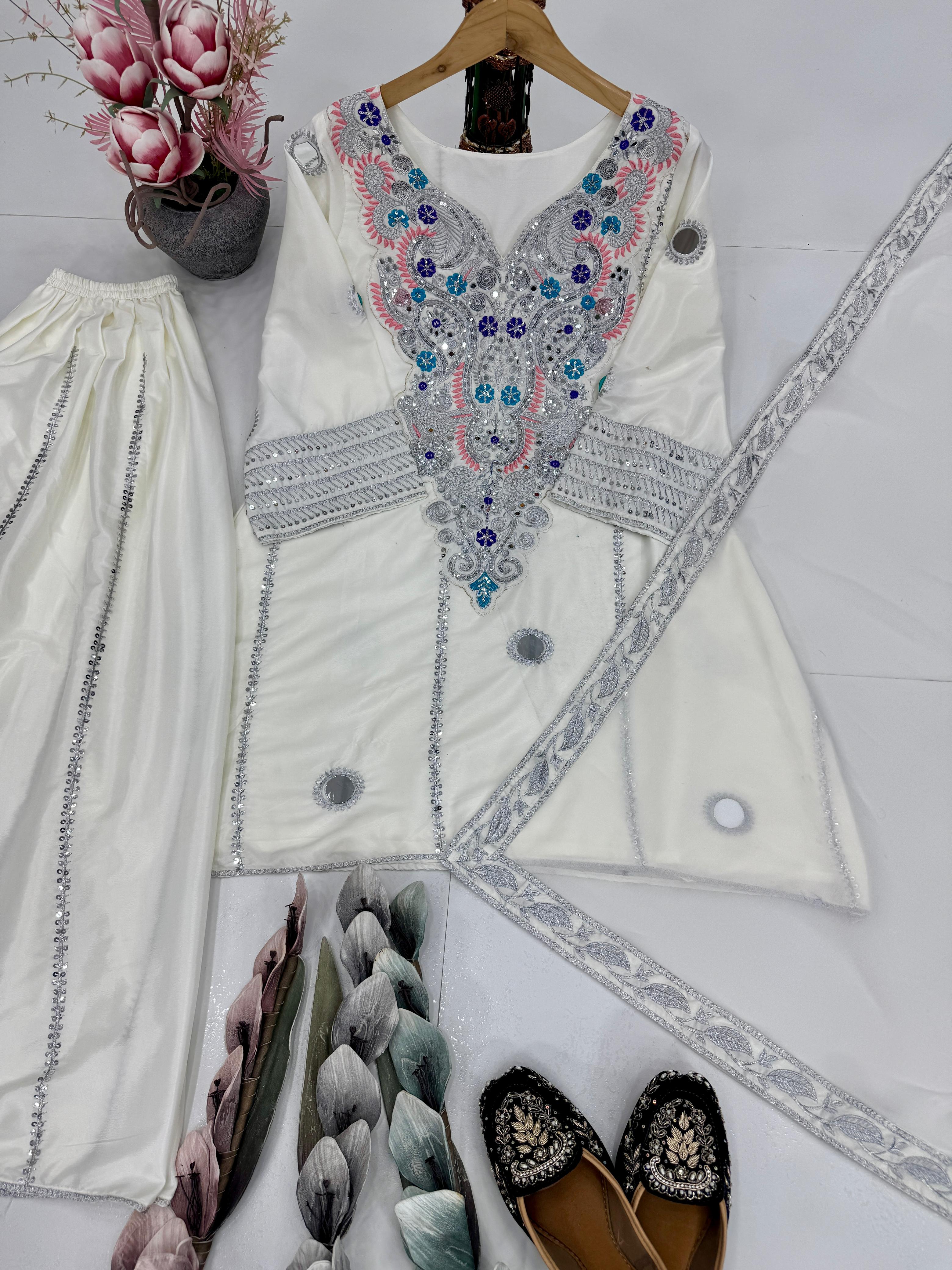 PRD0078 DESIGNER HEAVY NATURAL CREAP EMBROIDERED SEQUENCE WORK WITH FANCY TOP SHARARA DUPATTA SET