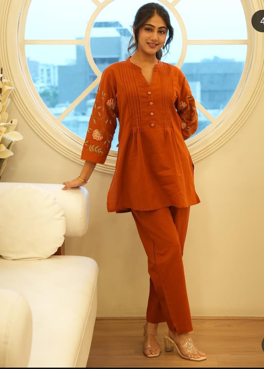 JKM0016 New designer  cotton co-ord set flower embroidery in hand