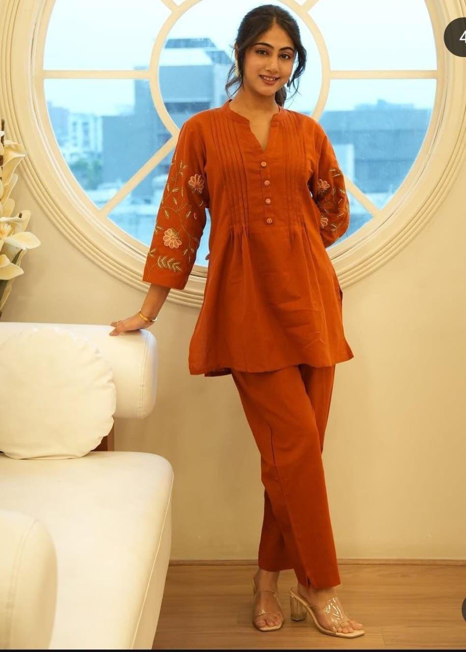 JKM0016 New designer  cotton co-ord set flower embroidery in hand