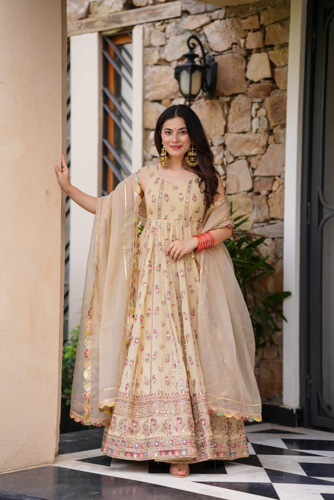 PRD0069  FLAIR GOWN &amp; DUPATTA WITH FULL HEAVY EMBROIDERY WORK ON SIMMER FABRIC