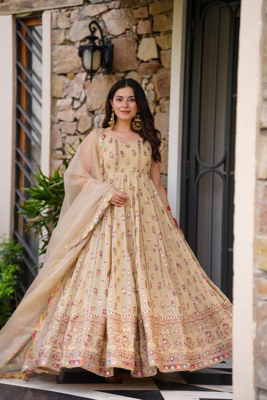 PRD0069  FLAIR GOWN &amp; DUPATTA WITH FULL HEAVY EMBROIDERY WORK ON SIMMER FABRIC