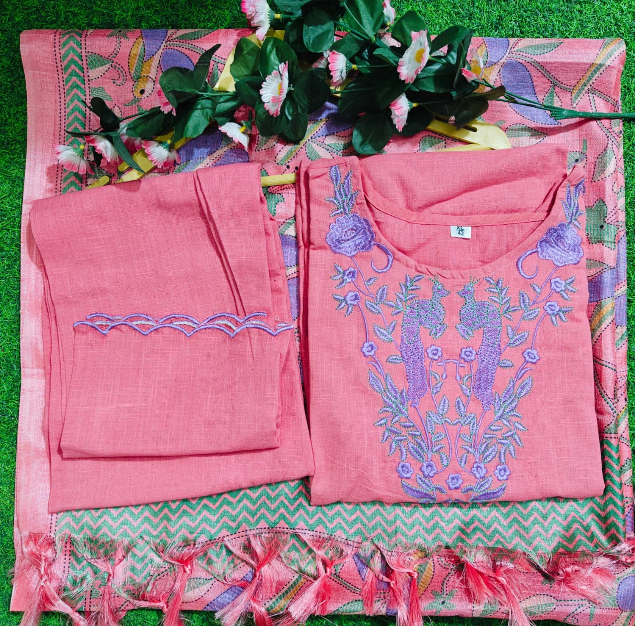 JKM0025 NEW LAUNCHED LIGHT  PINK  🩷 HANDLOOM EMBROIDERY SUIT SET PERFECT FOR ALL OCCASIONS*