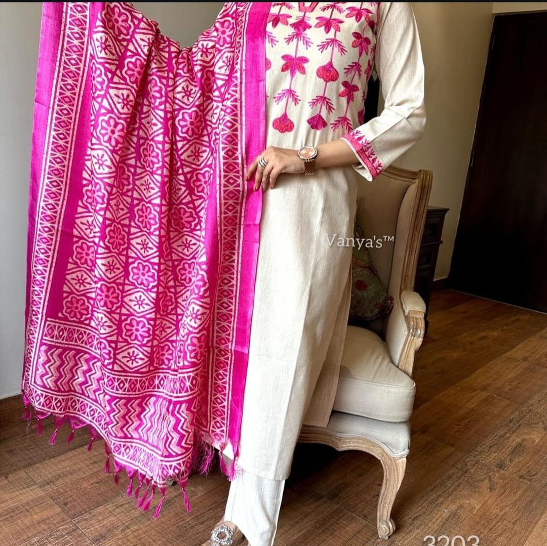 JKM0026  Exquisite handloom South Cotton Kurta Pant and Khadi Silk Dupatta set