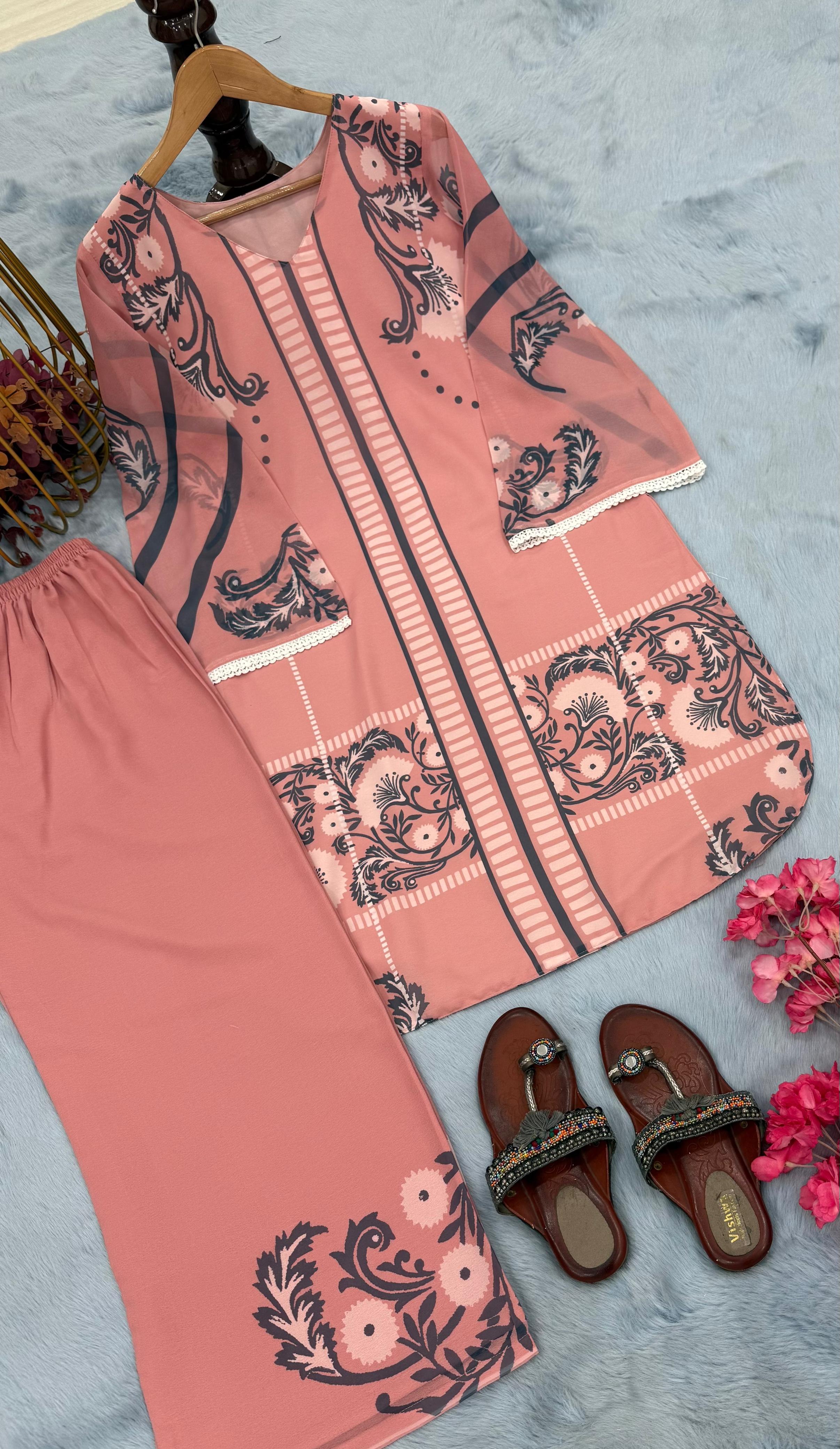 PED0081 Designer Party Wear Look Pure Chiffon Georgette Top & Palazzo Co-ords Set