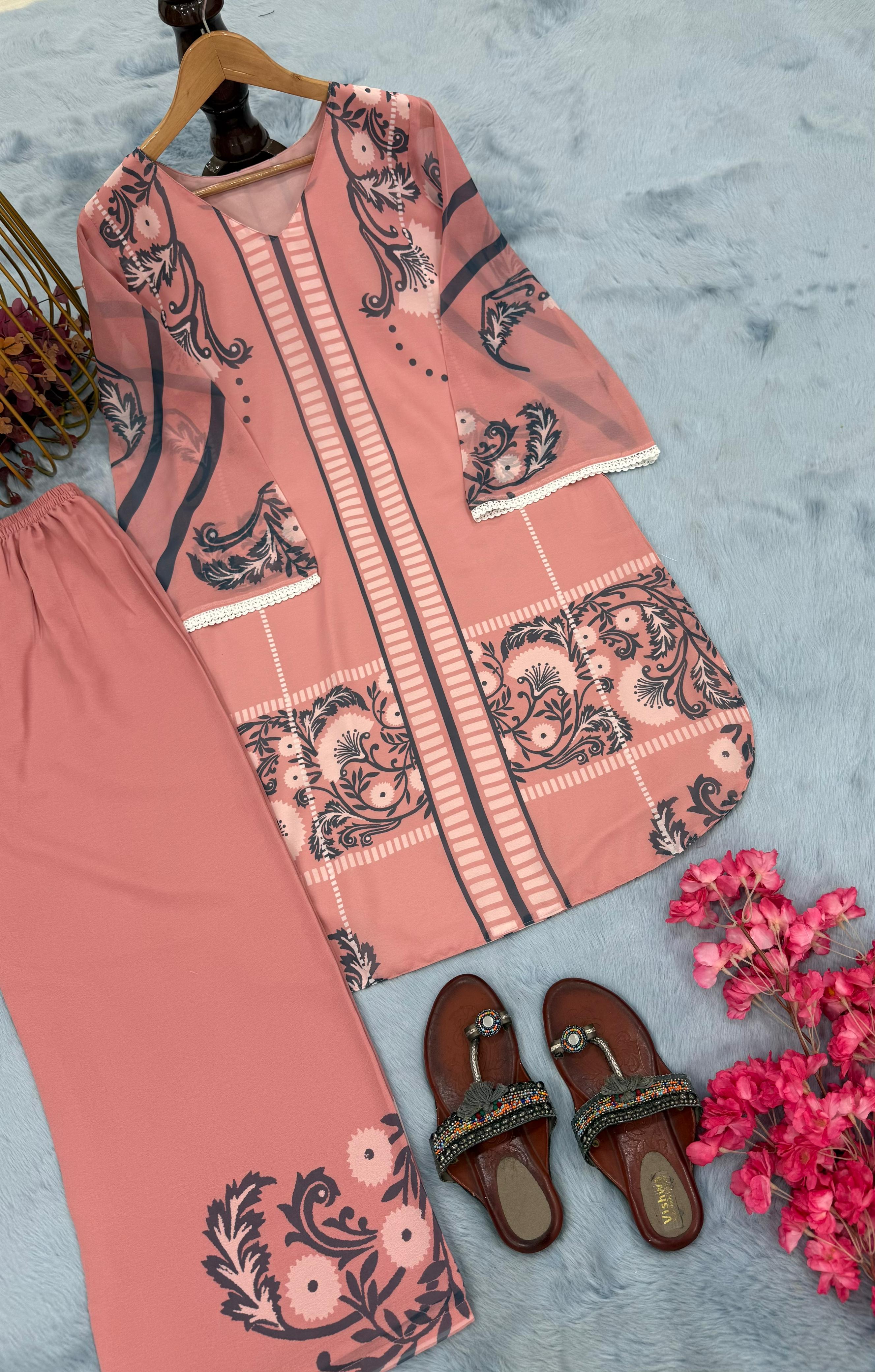 PED0081 Designer Party Wear Look Pure Chiffon Georgette Top & Palazzo Co-ords Set