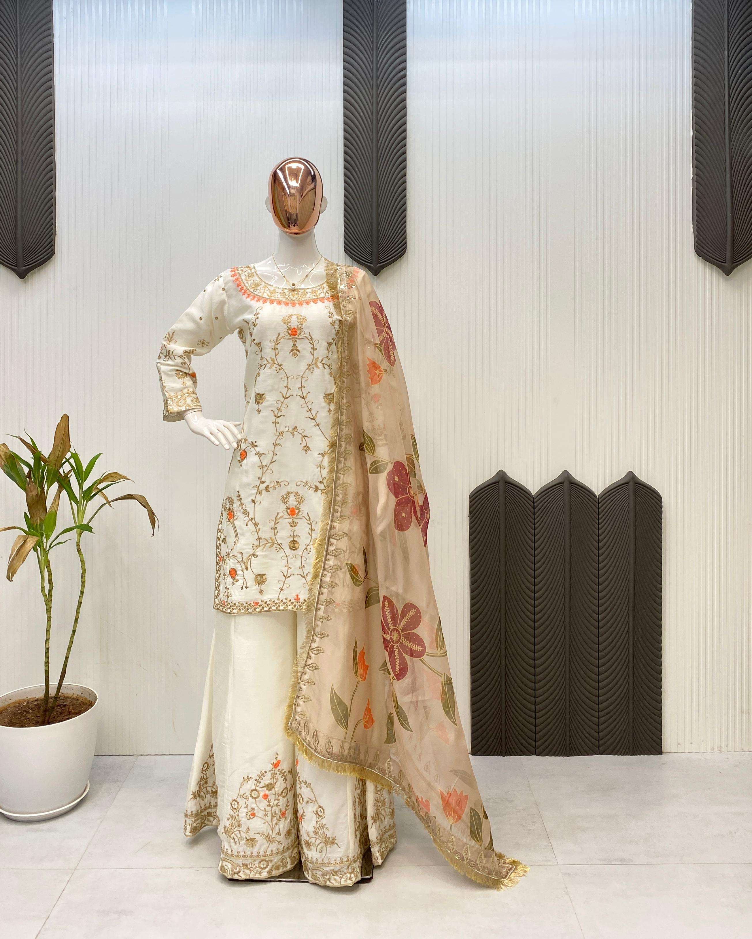 PRD0083 EXCLUSIVE DESIGNER HEAVY CHINON WITH SEQUANCE EMBROIDERY WORK SUIT WITH PLAZZO AND DUPATTA