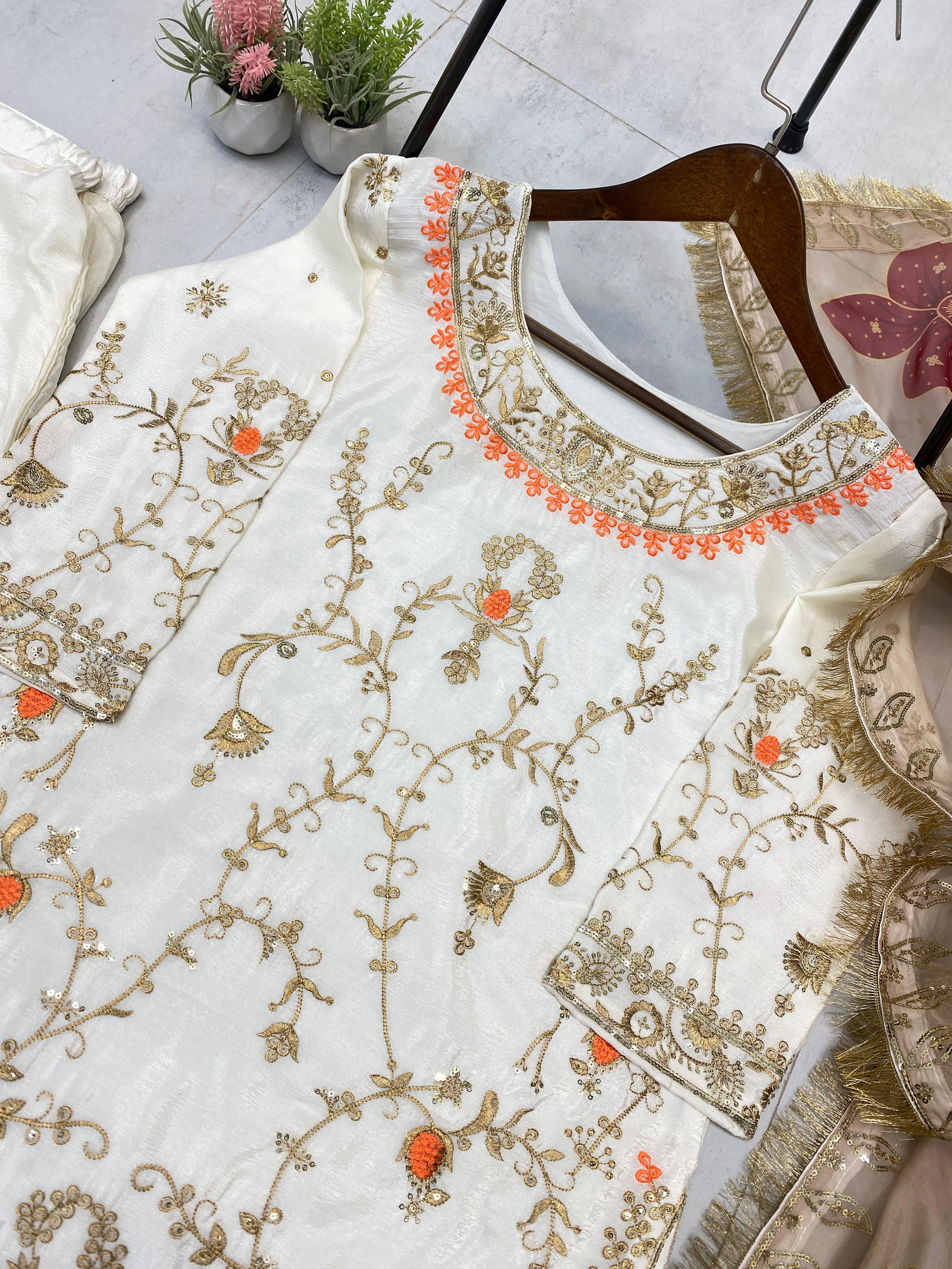 PRD0083 EXCLUSIVE DESIGNER HEAVY CHINON WITH SEQUANCE EMBROIDERY WORK SUIT WITH PLAZZO AND DUPATTA