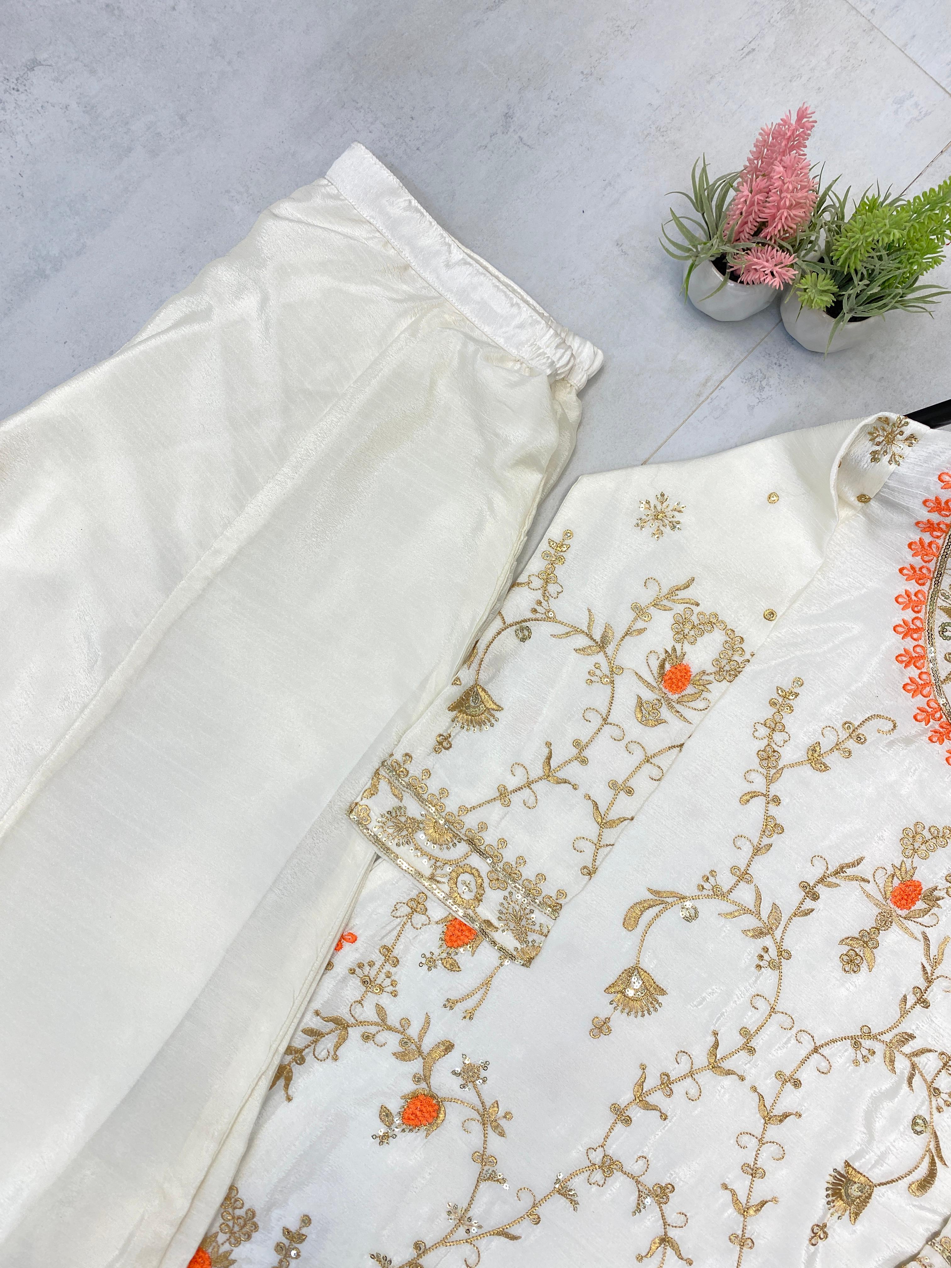 PRD0083 EXCLUSIVE DESIGNER HEAVY CHINON WITH SEQUANCE EMBROIDERY WORK SUIT WITH PLAZZO AND DUPATTA