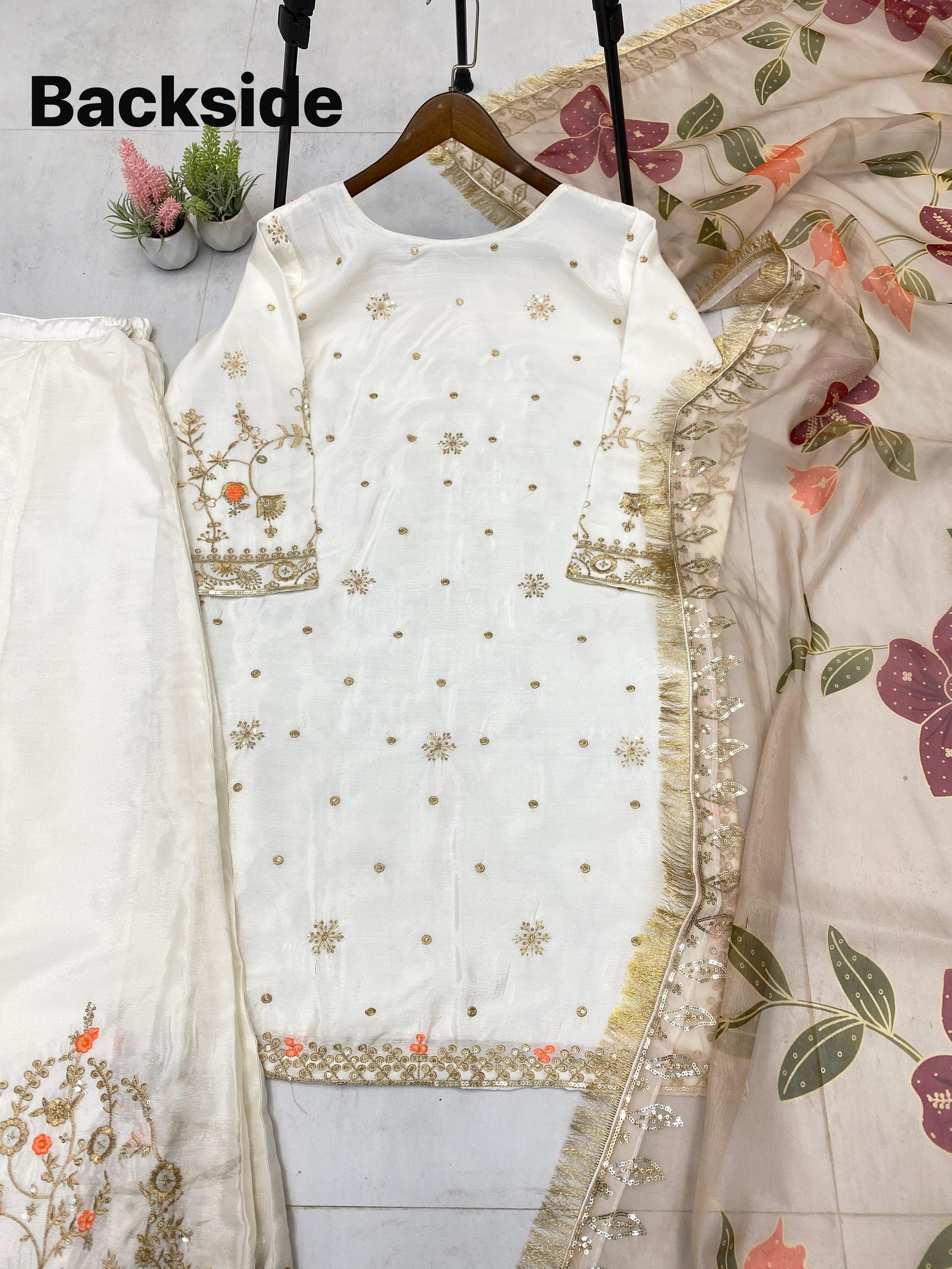 PRD0083 EXCLUSIVE DESIGNER HEAVY CHINON WITH SEQUANCE EMBROIDERY WORK SUIT WITH PLAZZO AND DUPATTA