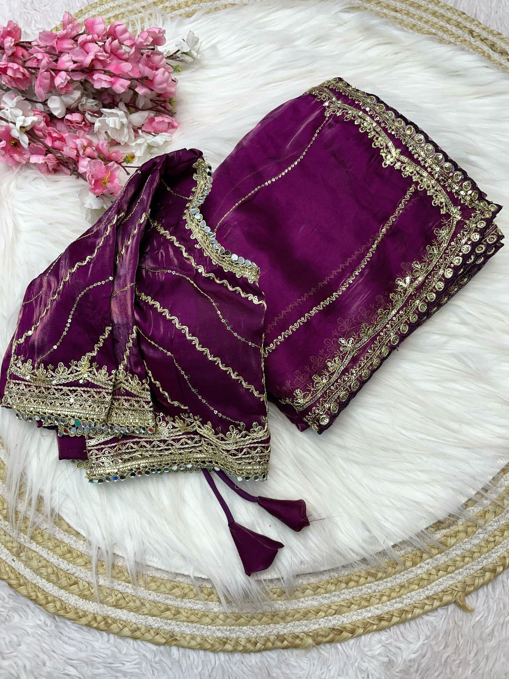 PRD0093 Pure Zimmy Choo Satin Saree With Beautiful 3MM Sequence Zari (C-Pallu) Work And Aarco Border