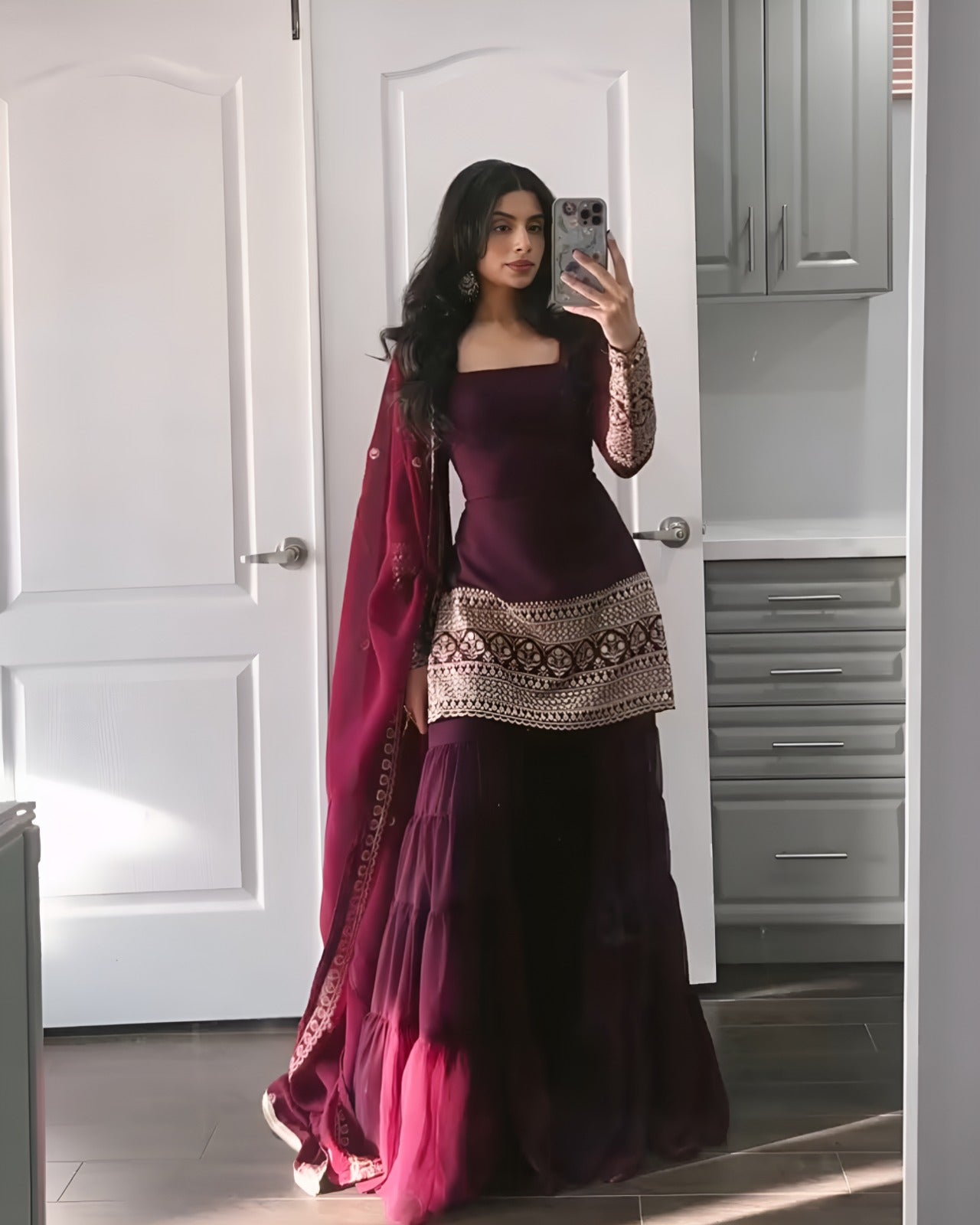 PRD00107 Dazzle in this designer 3-layer ruffle sharara set crafted in soft georgette