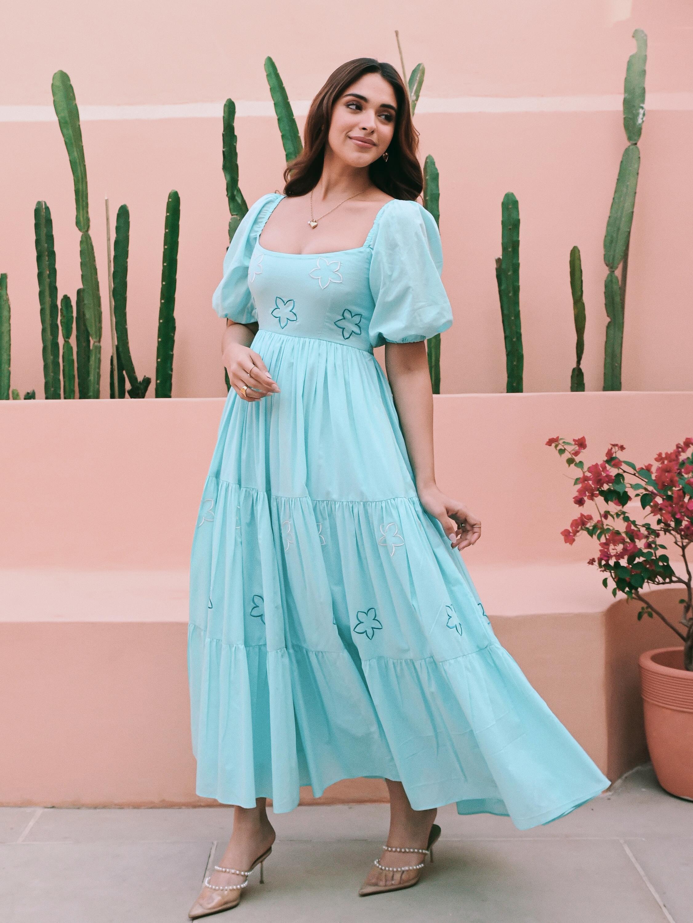 PRD0098 Mul-mul magic! I Soft, breathable midi dress with stunning Embroidery work, delicate frill design
