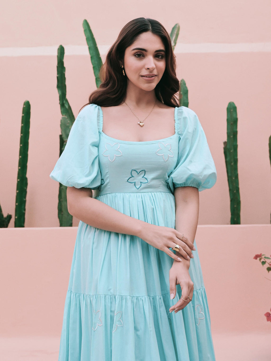 PRD0098 Mul-mul magic! I Soft, breathable midi dress with stunning Embroidery work, delicate frill design