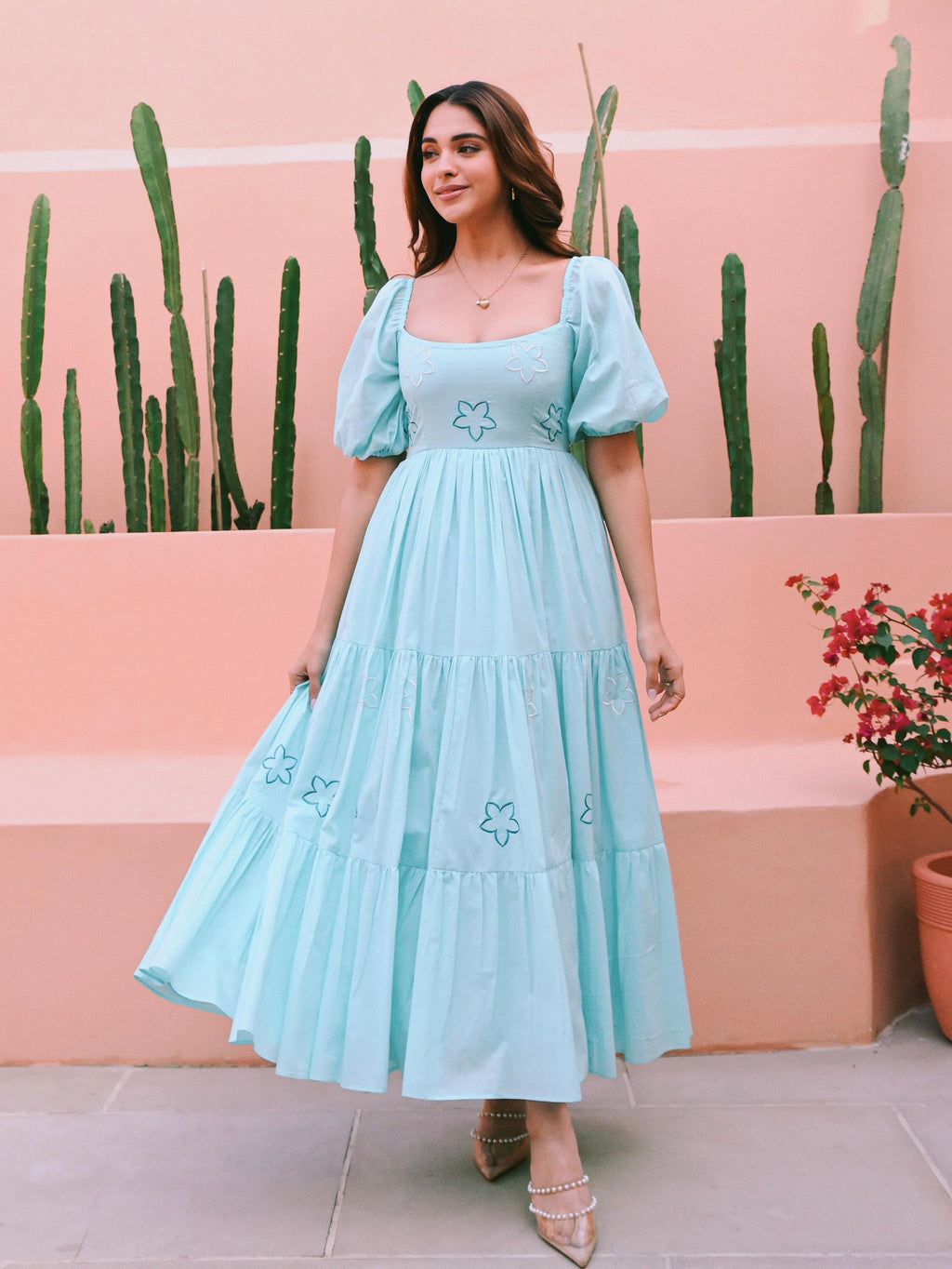 PRD0098 Mul-mul magic! I Soft, breathable midi dress with stunning Embroidery work, delicate frill design