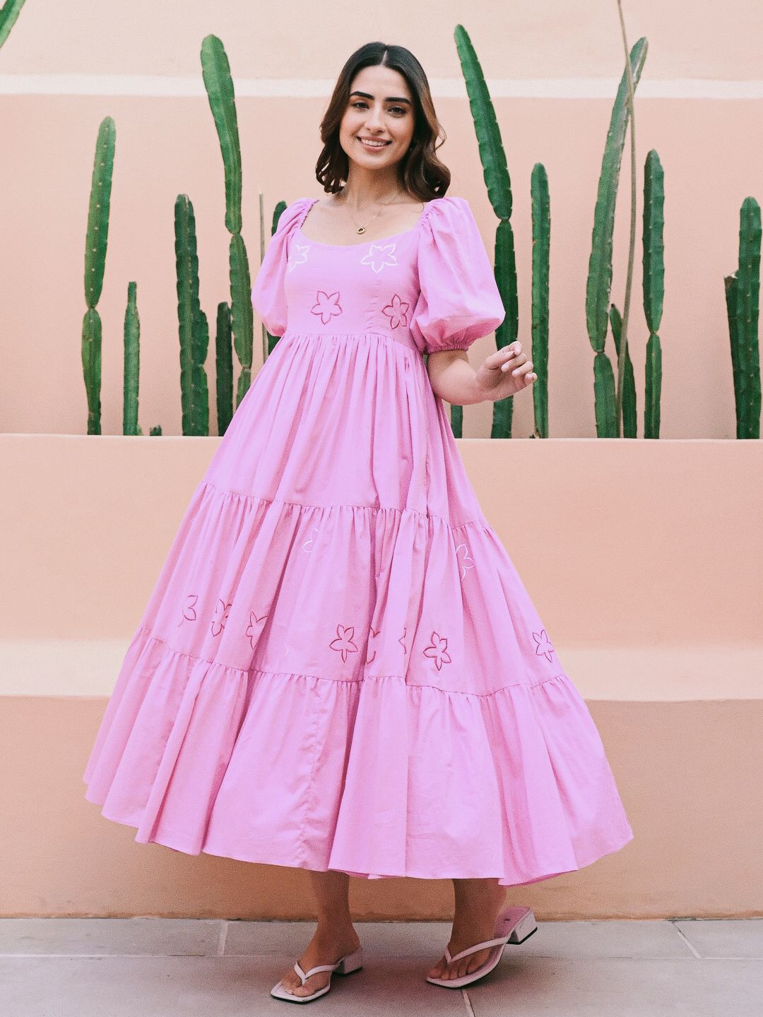 PRD0098 Mul-mul magic! I Soft, breathable midi dress with stunning Embroidery work, delicate frill design