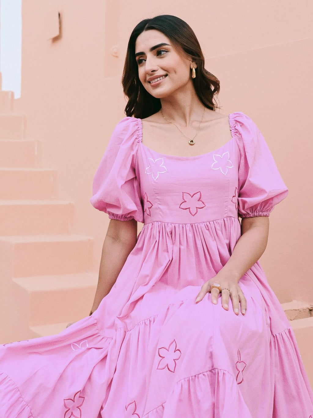 PRD0098 Mul-mul magic! I Soft, breathable midi dress with stunning Embroidery work, delicate frill design