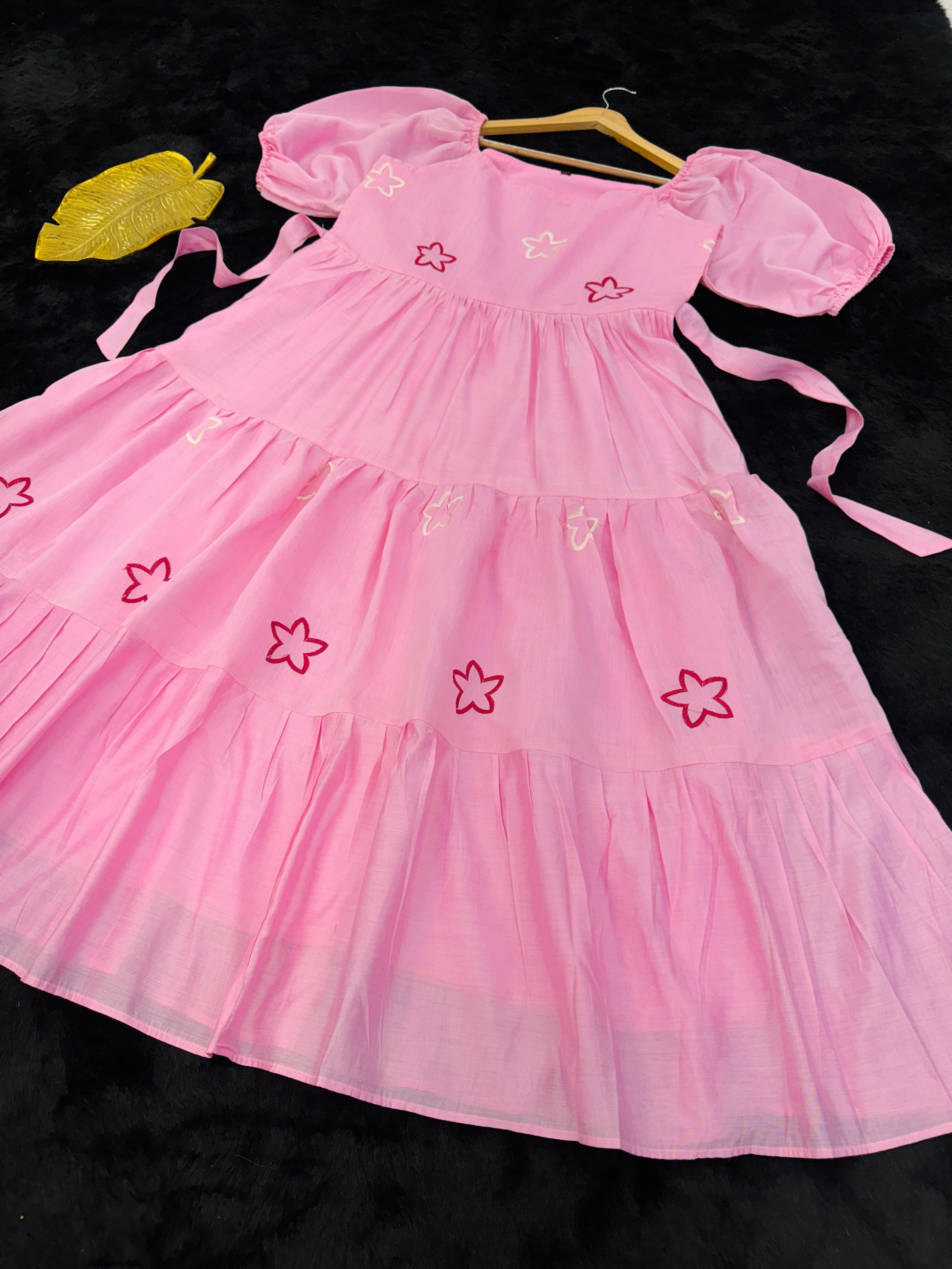 PRD0098 Mul-mul magic! I Soft, breathable midi dress with stunning Embroidery work, delicate frill design