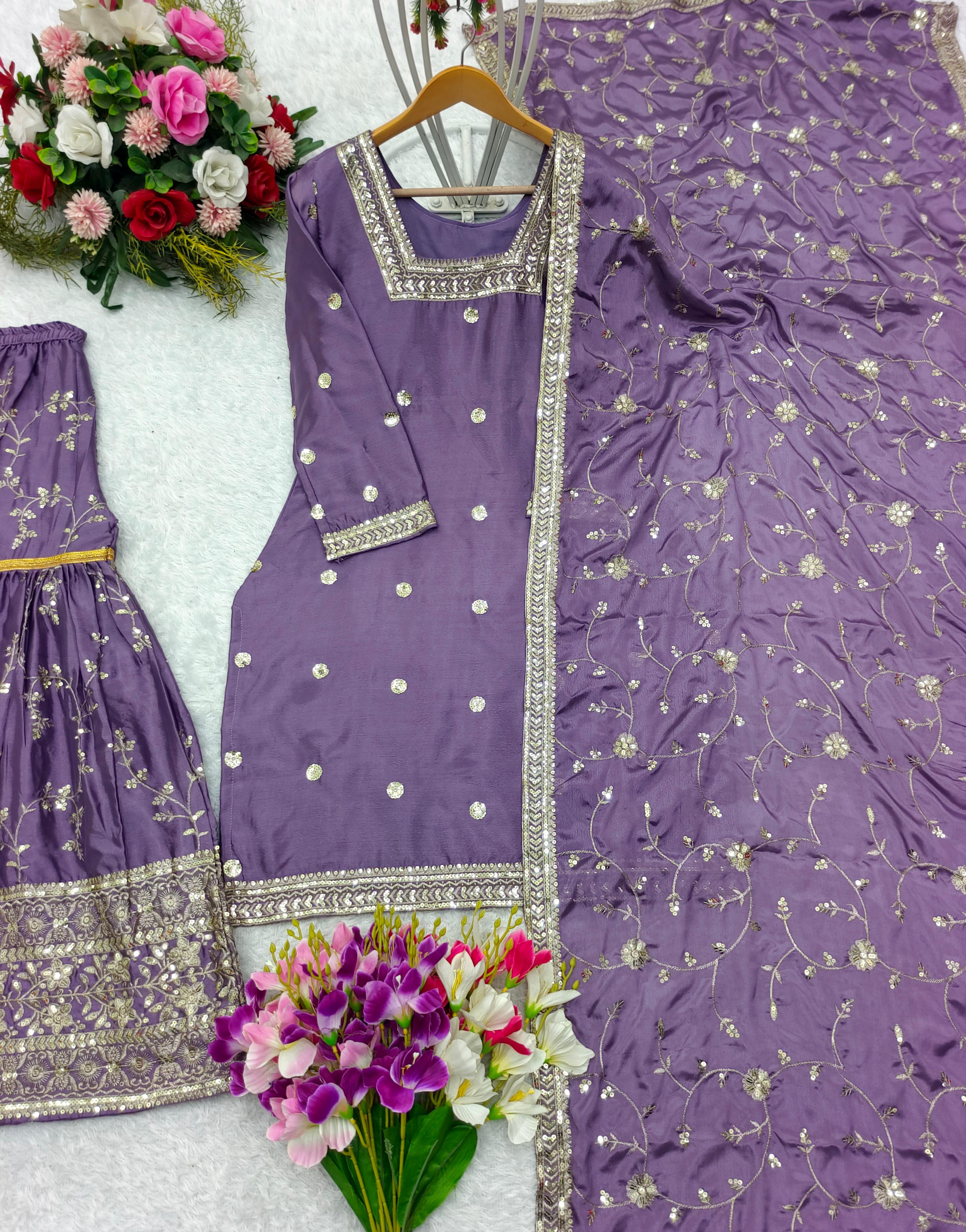 PRD00108 Heavy Chinon Silk Top-Sharara And Dupatta Set Fully Stitched Ready To Wear
