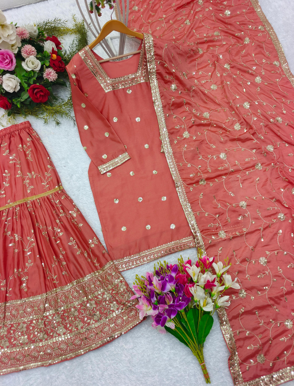 PRD00108 Heavy Chinon Silk Top-Sharara And Dupatta Set Fully Stitched Ready To Wear