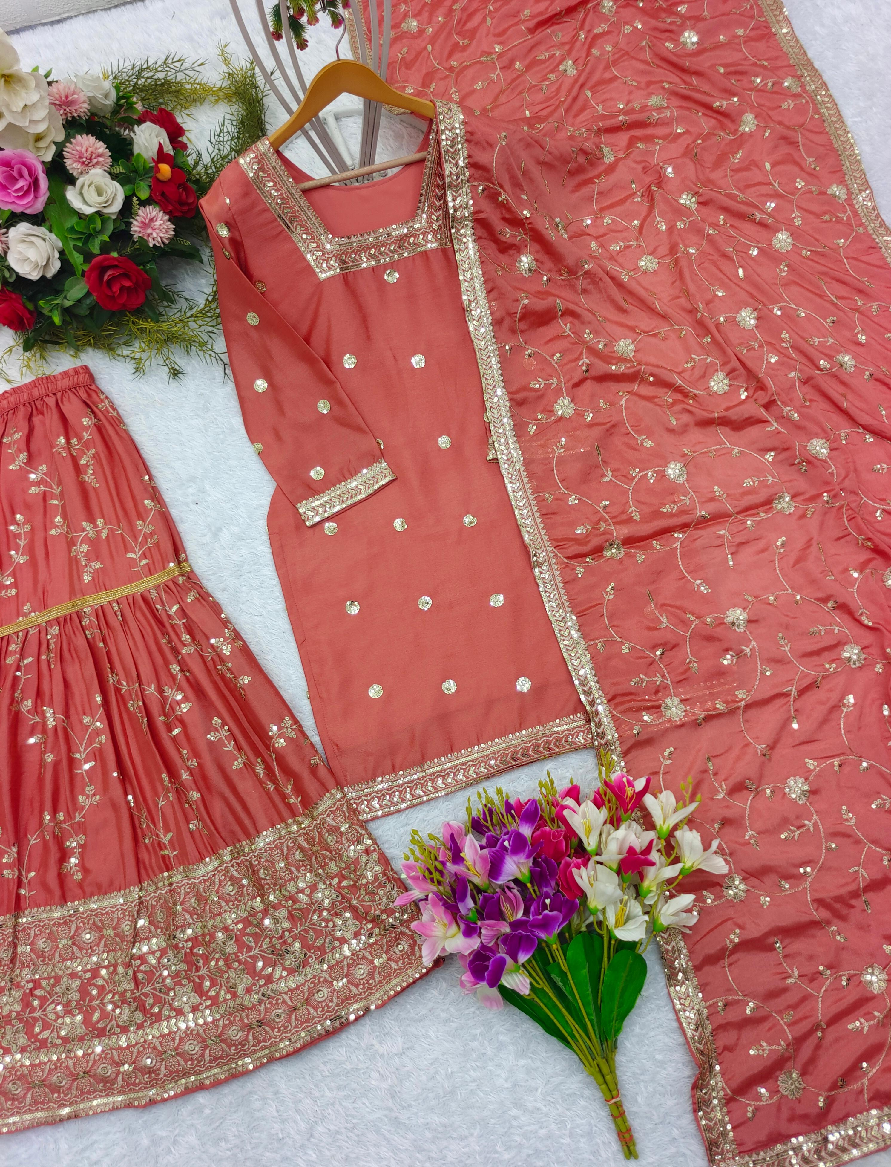 PRD00108 Heavy Chinon Silk Top-Sharara And Dupatta Set Fully Stitched Ready To Wear