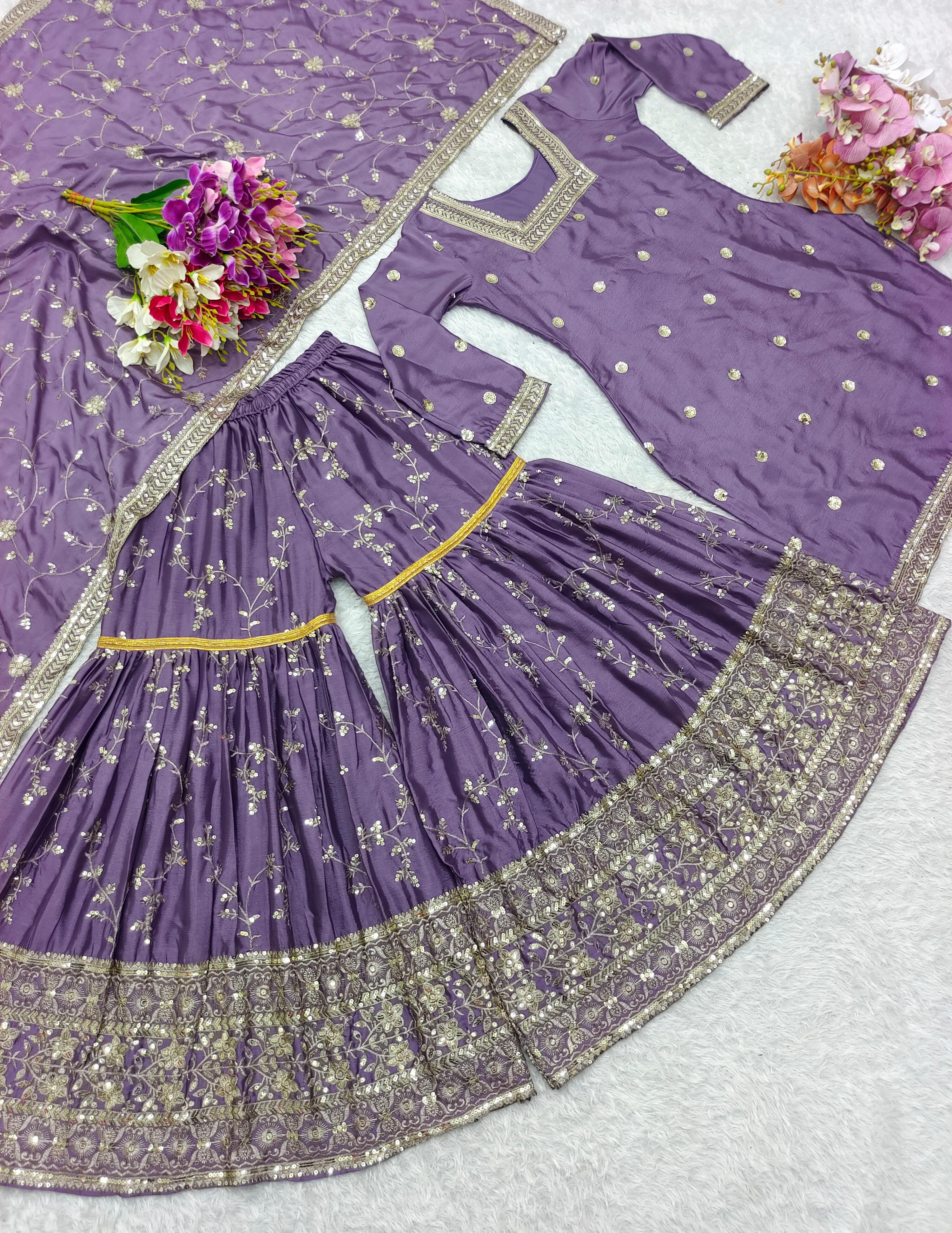 PRD00108 Heavy Chinon Silk Top-Sharara And Dupatta Set Fully Stitched Ready To Wear