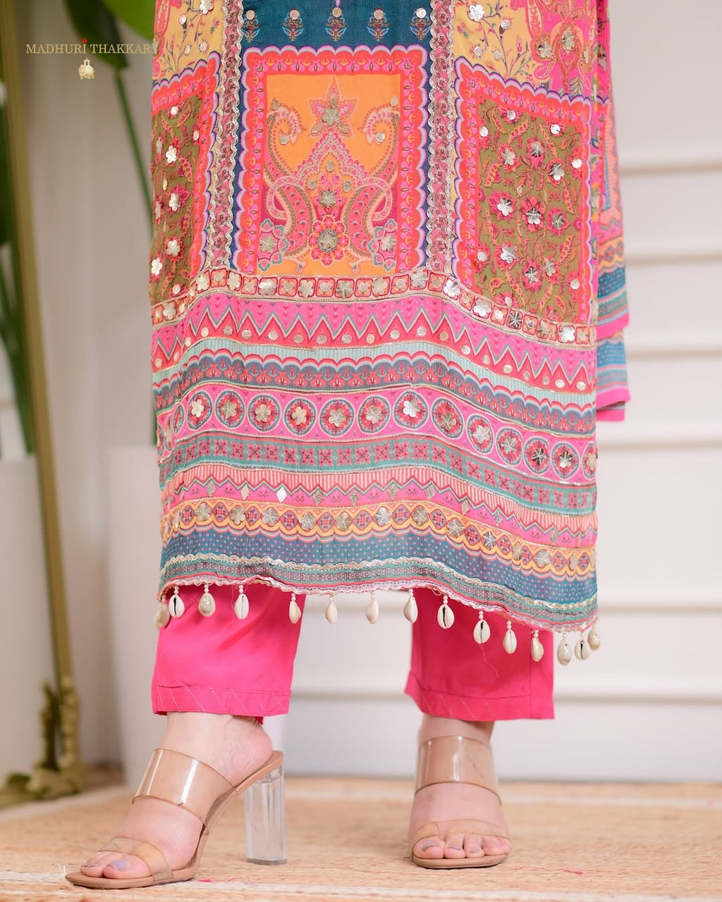 PRD00114 Beautifully crafted Pure Chinnon Suits in beautiful colors, which are decorated with the finest Gota & Cowry