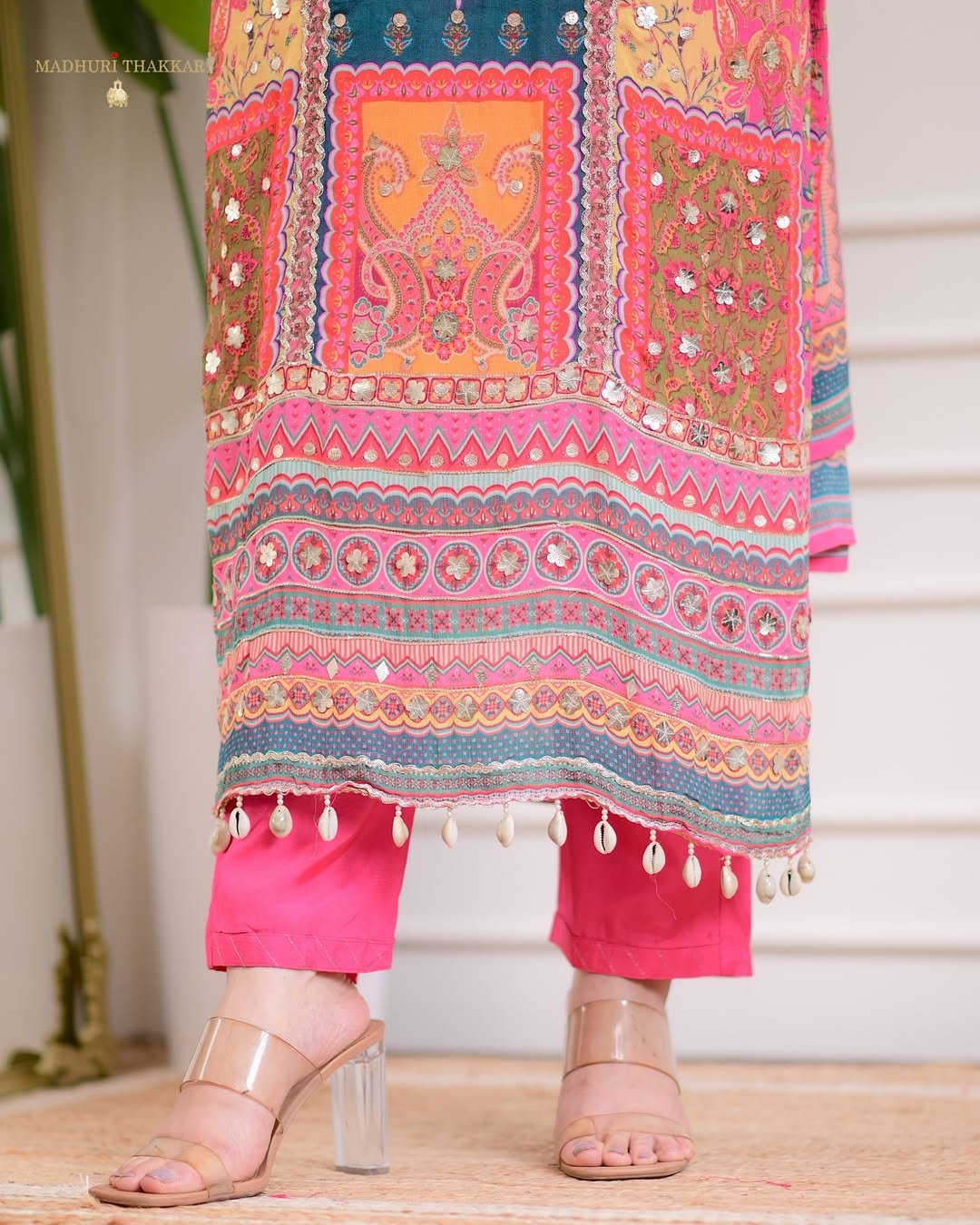 PRD00114 Beautifully crafted Pure Chinnon Suits in beautiful colors, which are decorated with the finest Gota & Cowry