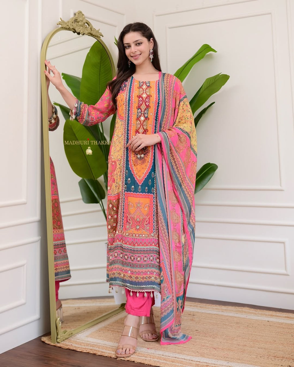 PRD00114 Beautifully crafted Pure Chinnon Suits in beautiful colors, which are decorated with the finest Gota & Cowry