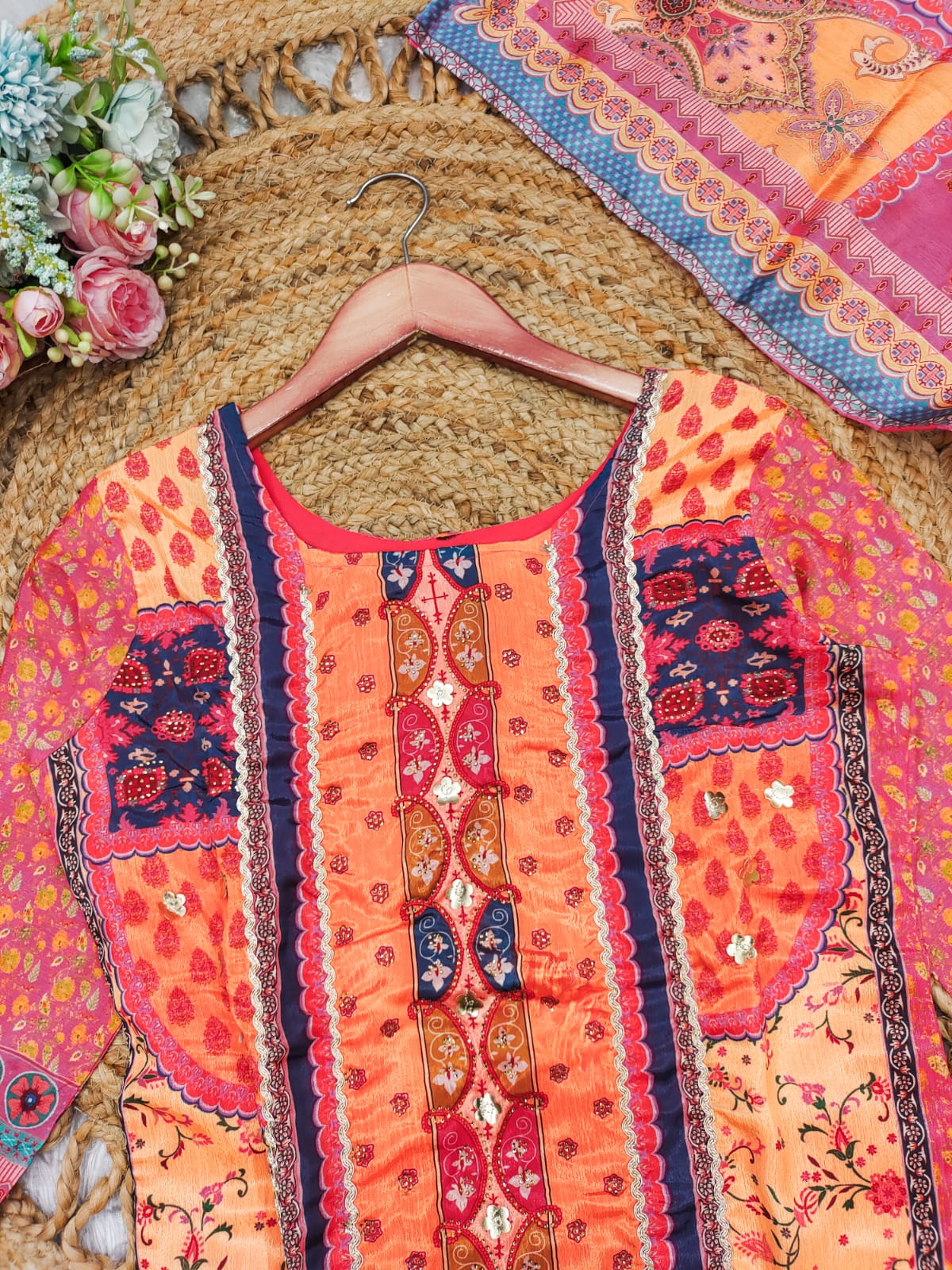 PRD00114 Beautifully crafted Pure Chinnon Suits in beautiful colors, which are decorated with the finest Gota & Cowry