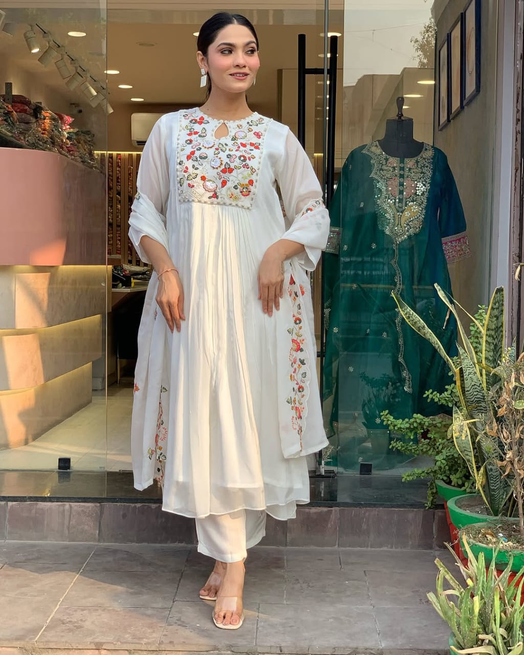 JKM0031 Pure Cotton 60-60 super quality kurta with beautiful emb neck yoke & cotton pant with emb full malmal cotton dupatta.