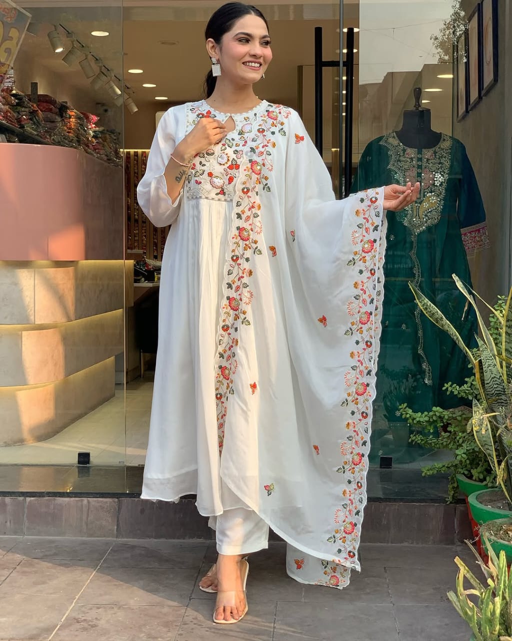 JKM0031 Pure Cotton 60-60 super quality kurta with beautiful emb neck yoke & cotton pant with emb full malmal cotton dupatta.