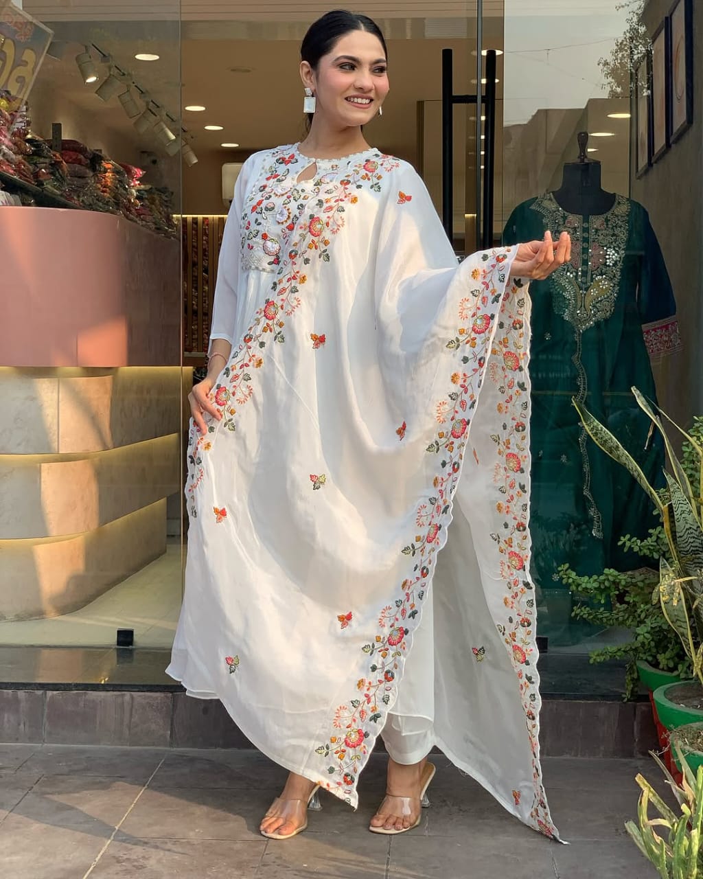 JKM0031 Pure Cotton 60-60 super quality kurta with beautiful emb neck yoke & cotton pant with emb full malmal cotton dupatta.