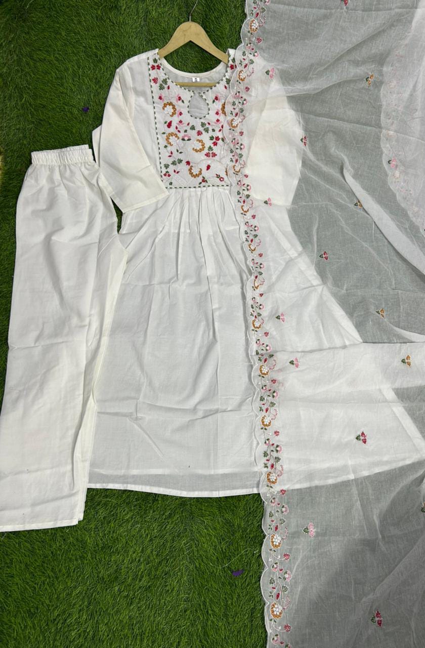 JKM0031 Pure Cotton 60-60 super quality kurta with beautiful emb neck yoke & cotton pant with emb full malmal cotton dupatta.